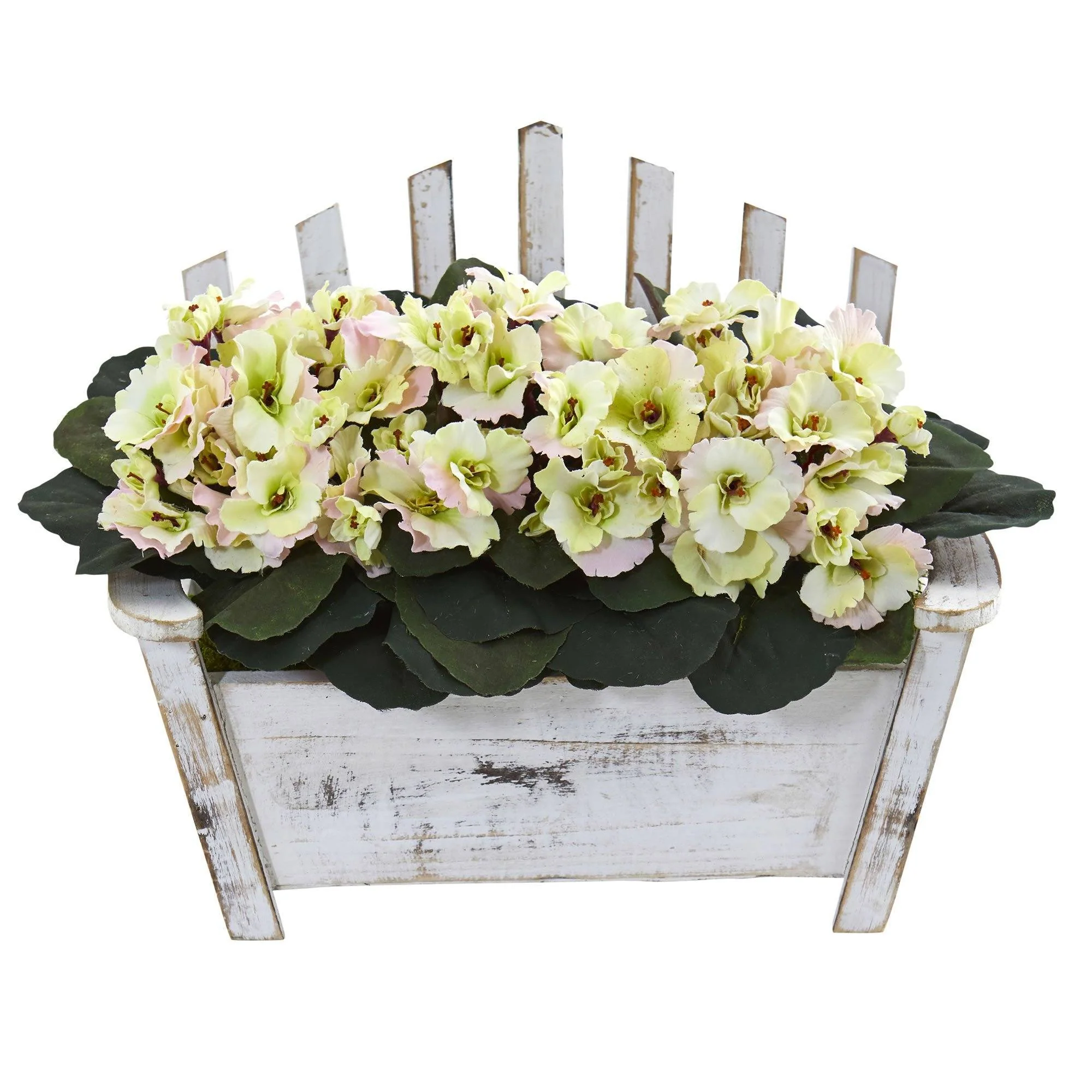 African Violet Artificial Plant in Wooden Bench Planter - Image 10