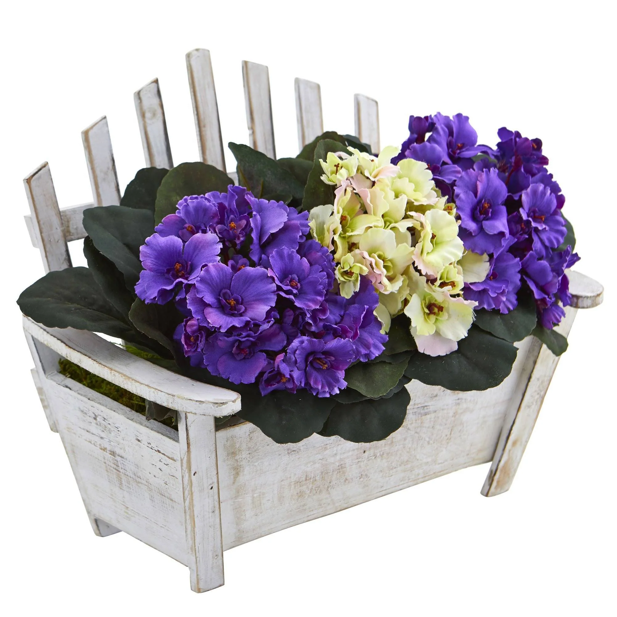African Violet Artificial Plant in Wooden Bench Planter - Image 2