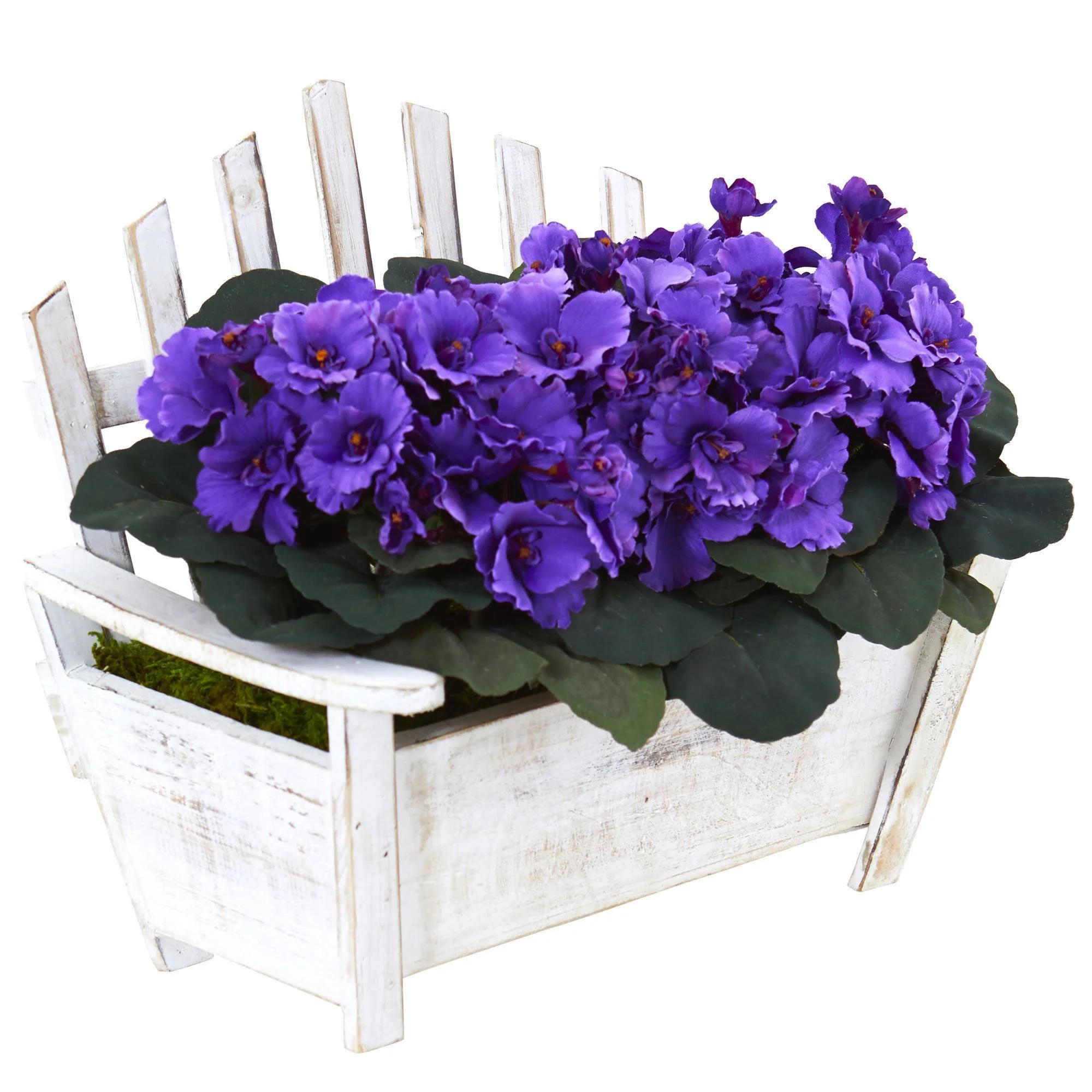 African Violet Artificial Plant in Wooden Bench Planter - Image 5