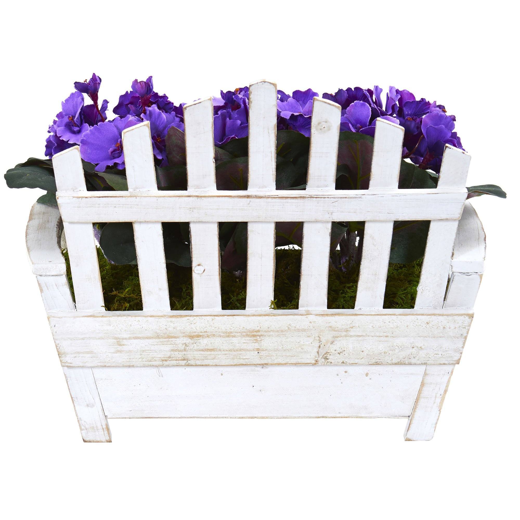 African Violet Artificial Plant in Wooden Bench Planter - Image 6
