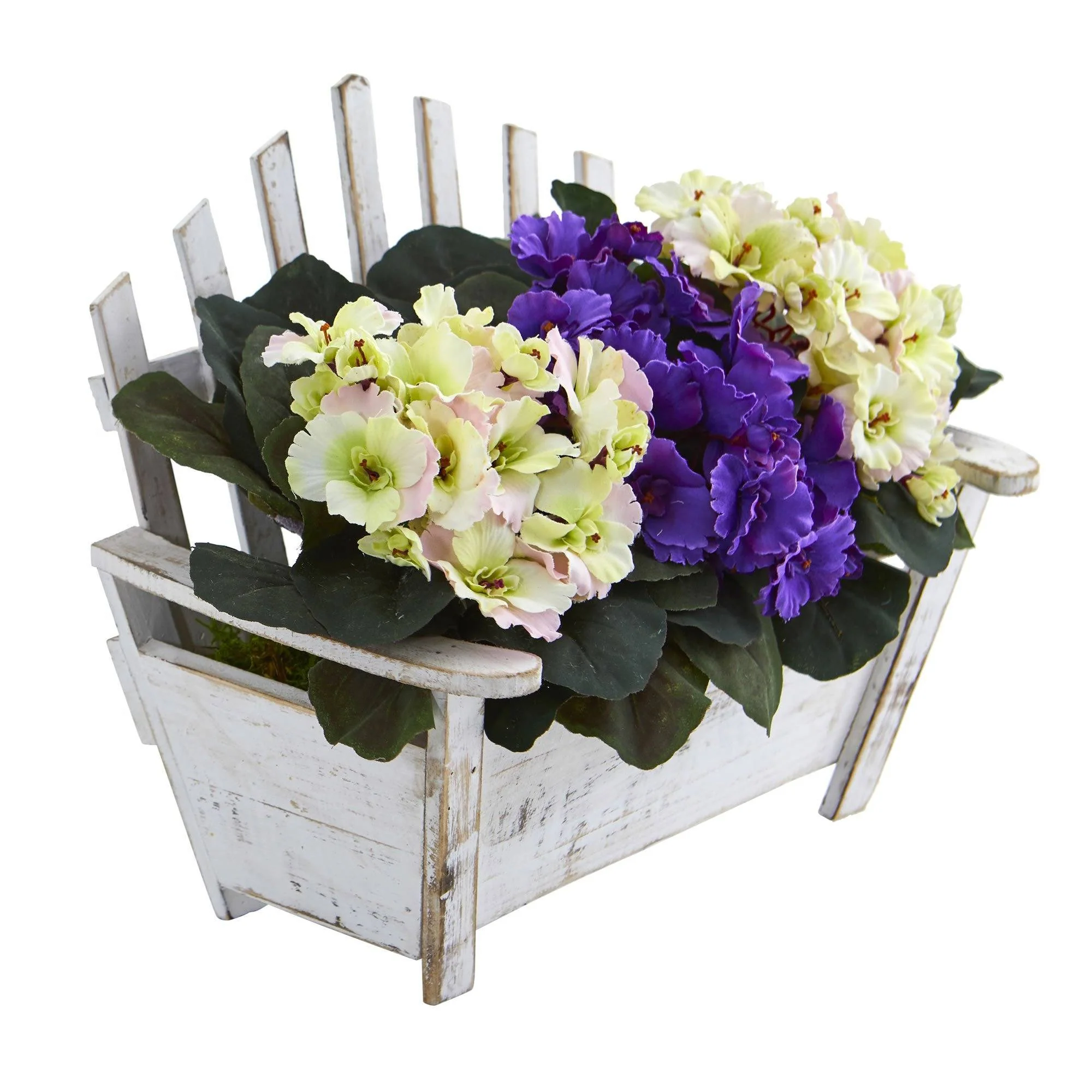 African Violet Artificial Plant in Wooden Bench Planter - Image 8