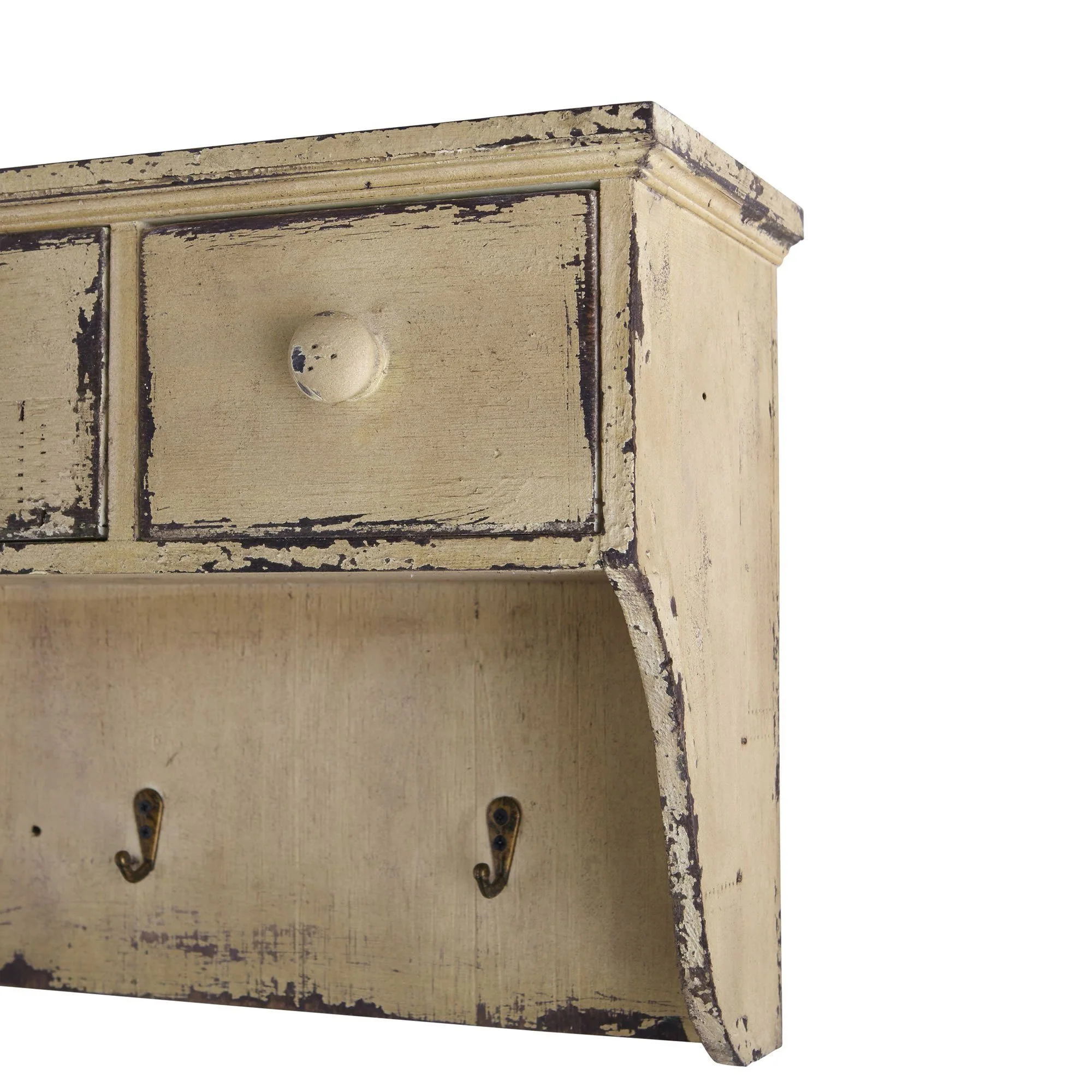 10.5” Distressed Wooden Shelf with Drawers and Hooks - Image 2