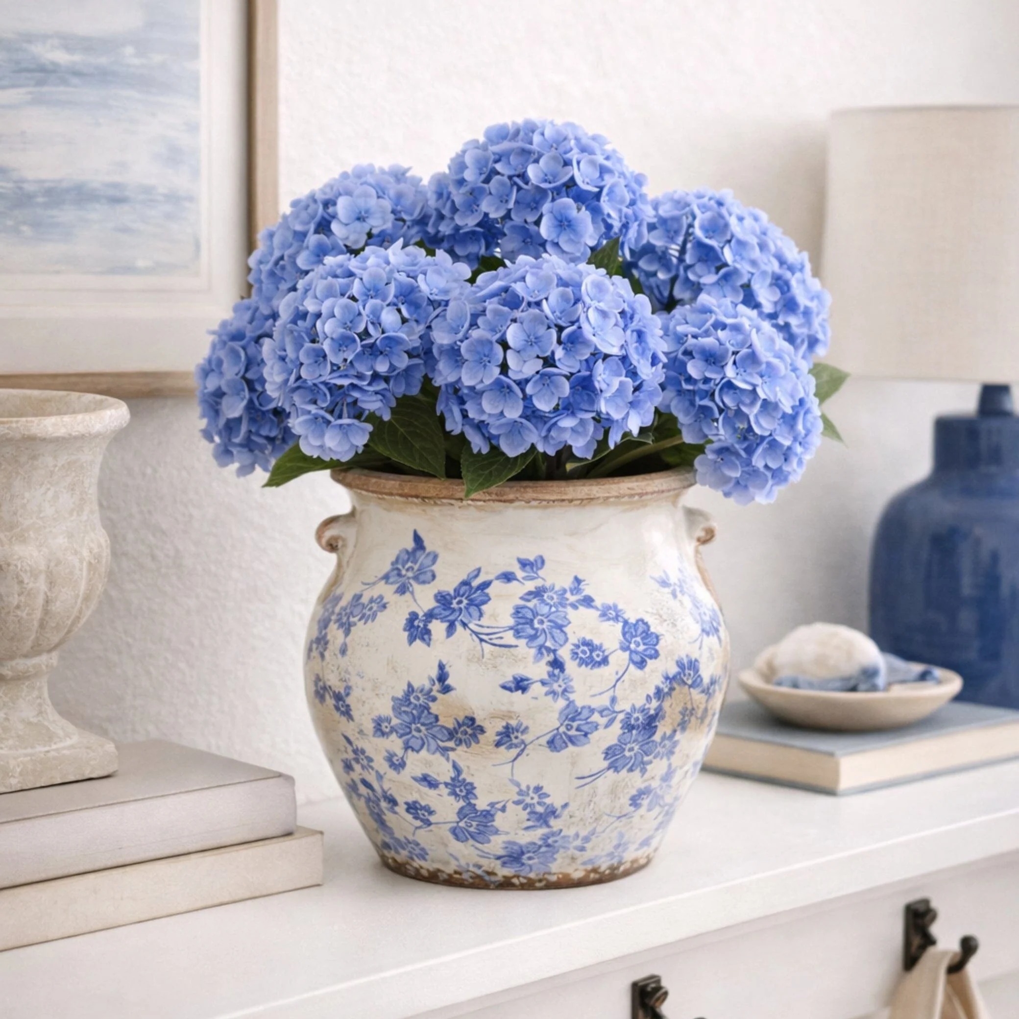 10.5” Tuscan Ceramic Blue Scroll Urn Vase - Image 2