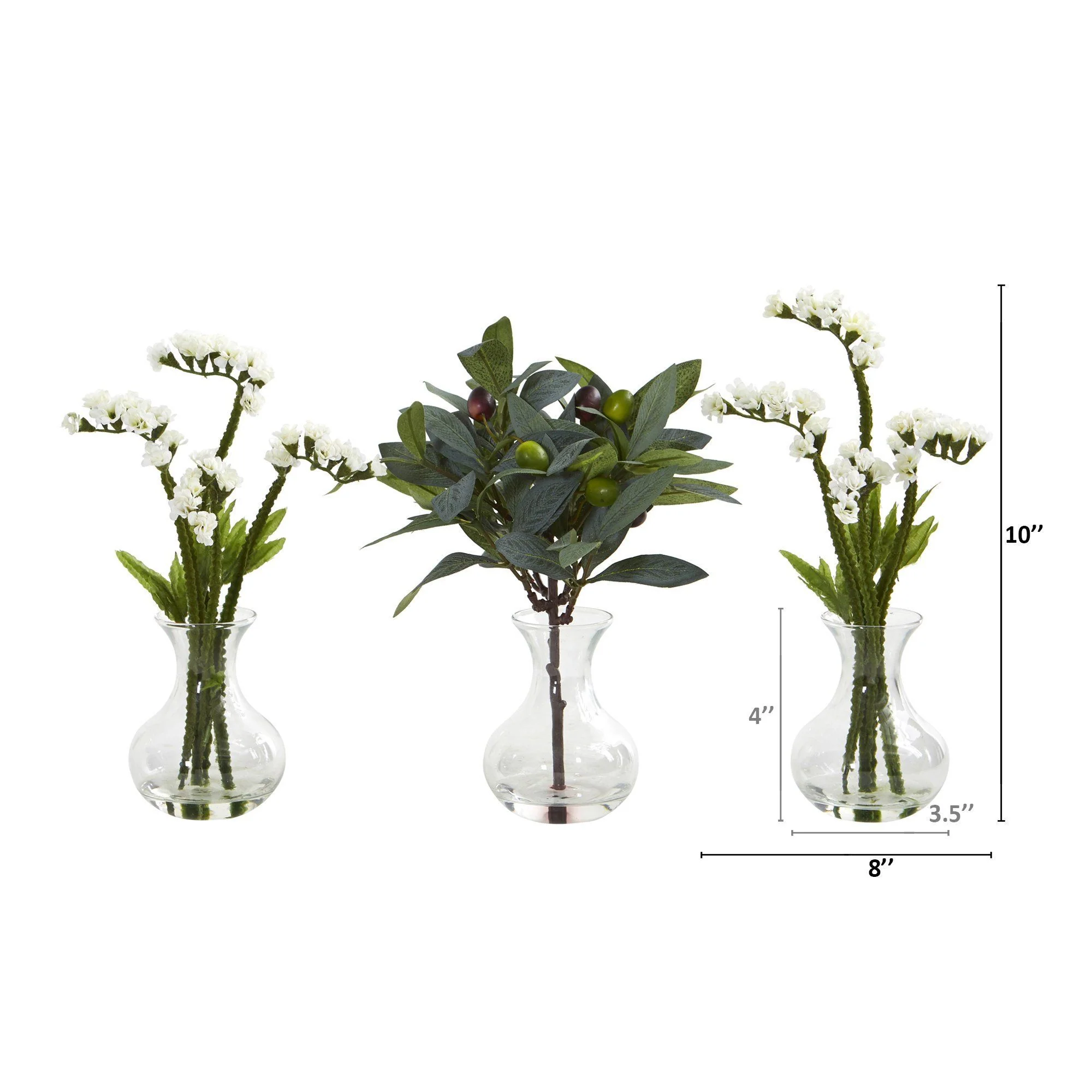 10” Baby Breath and Olive Arrangement in Vase (Set of 3) - Image 2