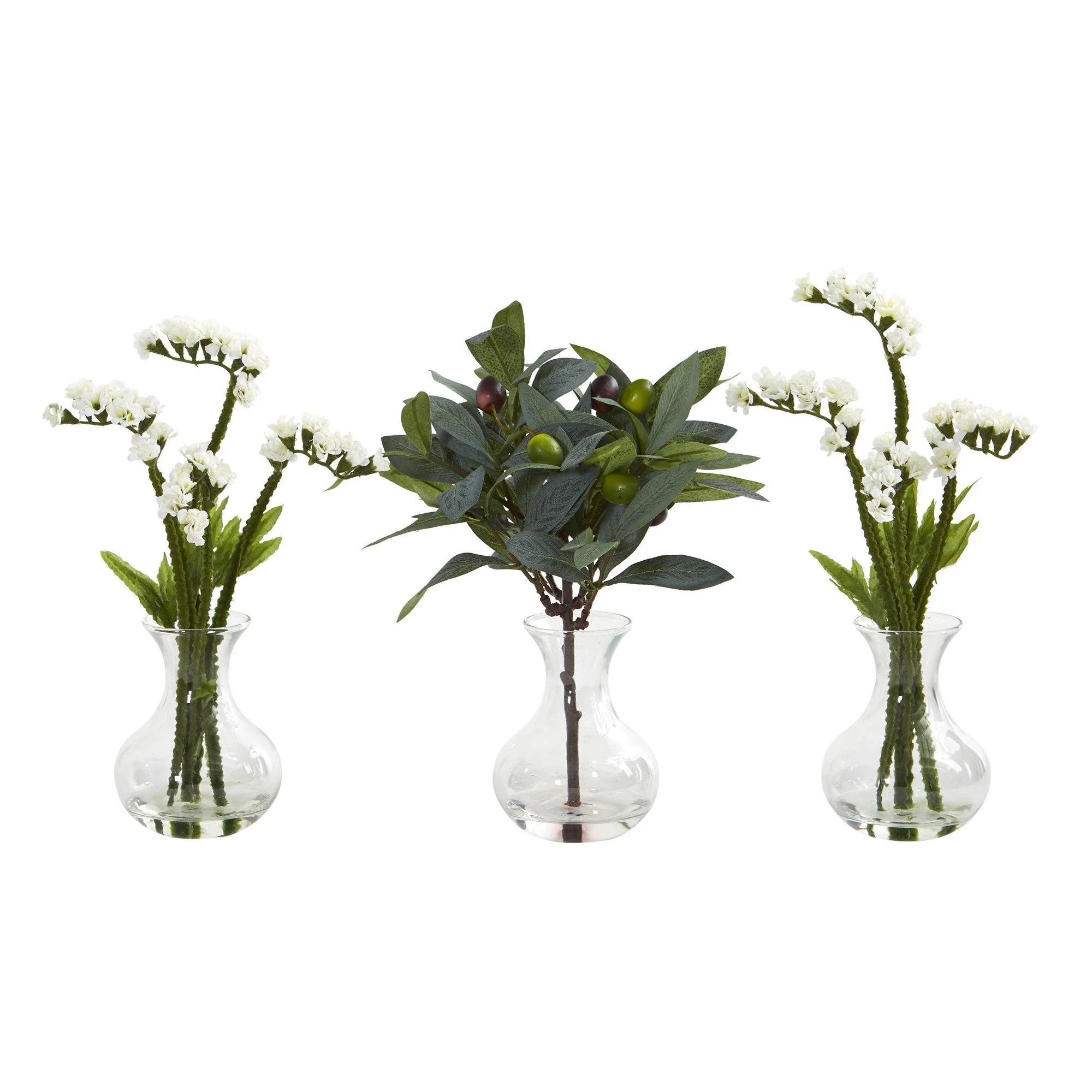 10” Baby Breath and Olive Arrangement in Vase (Set of 3) - Image 3