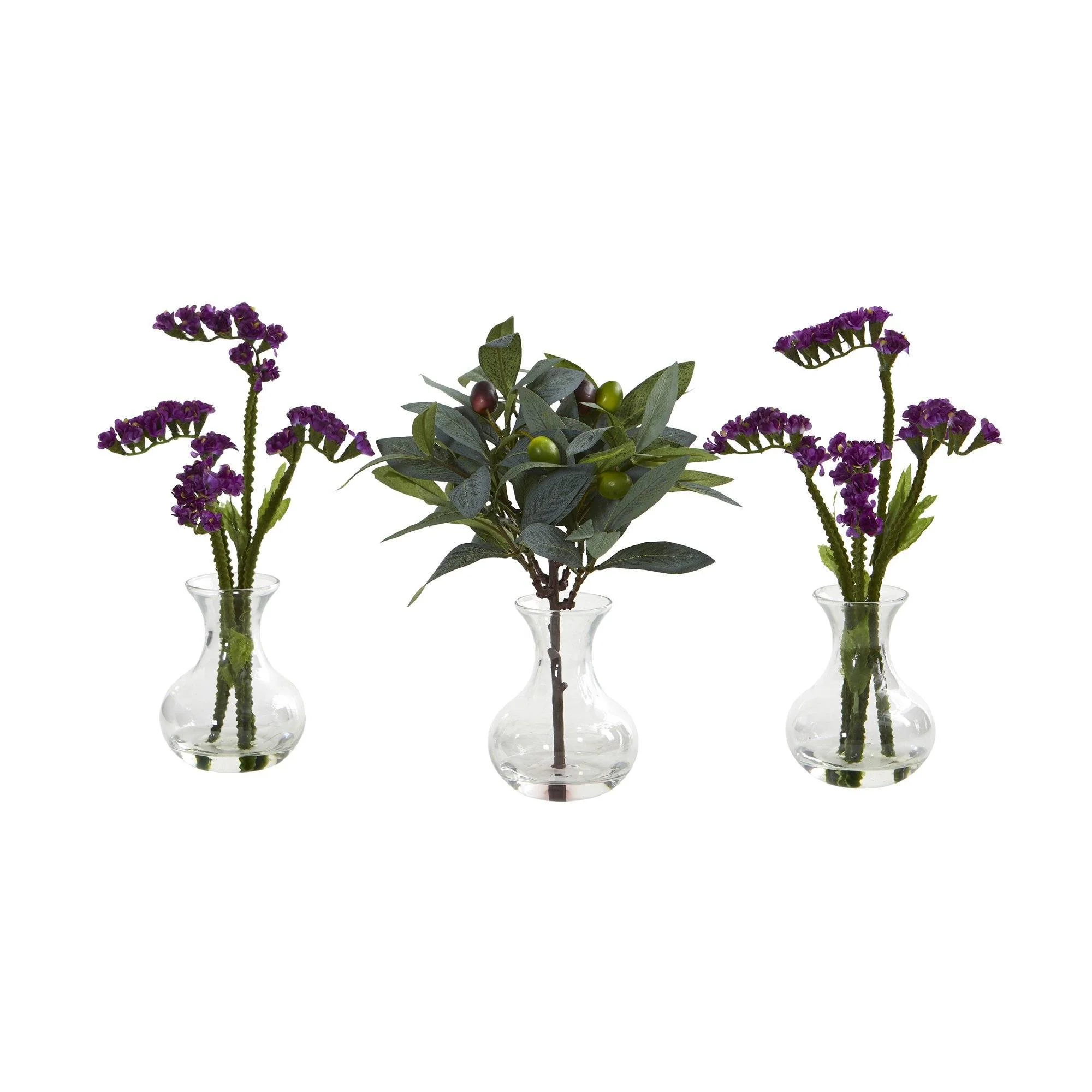 10” Baby Breath and Olive Arrangement in Vase (Set of 3) - Image 4