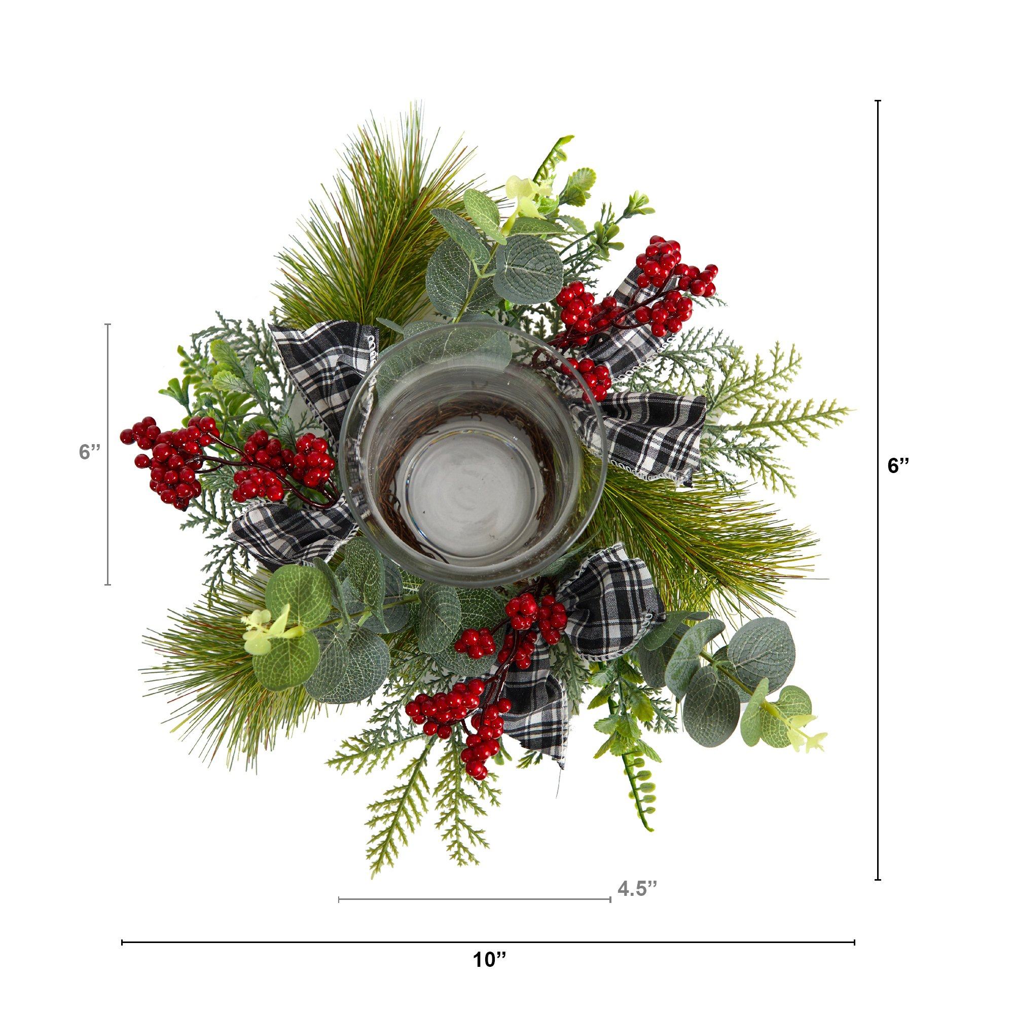10” Evergreen Pine and Red Berries Artificial Christmas Candelabrum with Decorative Bows - Image 2