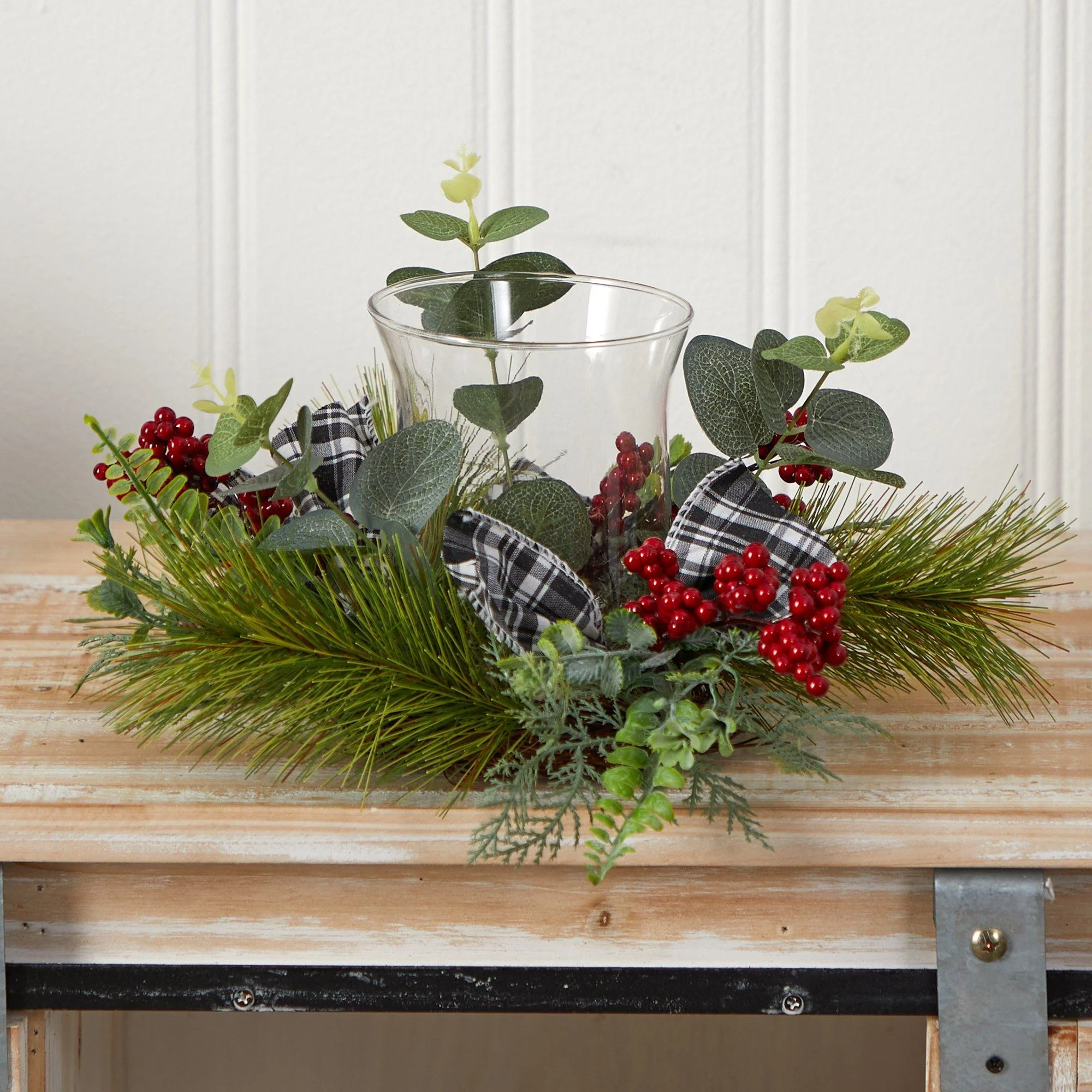 10” Evergreen Pine and Red Berries Artificial Christmas Candelabrum with Decorative Bows - Image 4