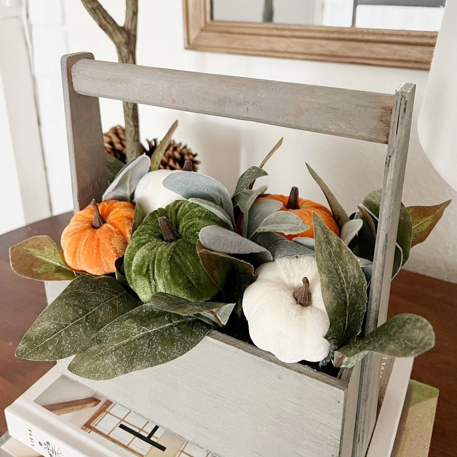 10” Fall Pumpkin Artificial Autumn Arrangement in Wood Basket - Image 3