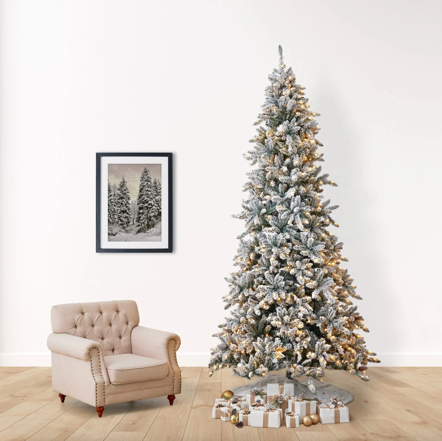 10’ Flocked Livingston Fir Artificial Christmas Tree with Pine Cones, 750 Clear Warm LED Lights and 2424 Bendable Branches - Image 5
