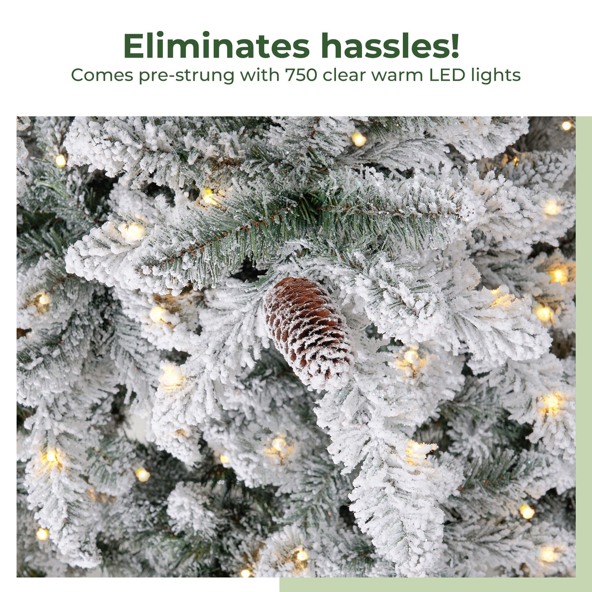 10’ Flocked Livingston Fir Artificial Christmas Tree with Pine Cones, 750 Clear Warm LED Lights and 2424 Bendable Branches - Image 6