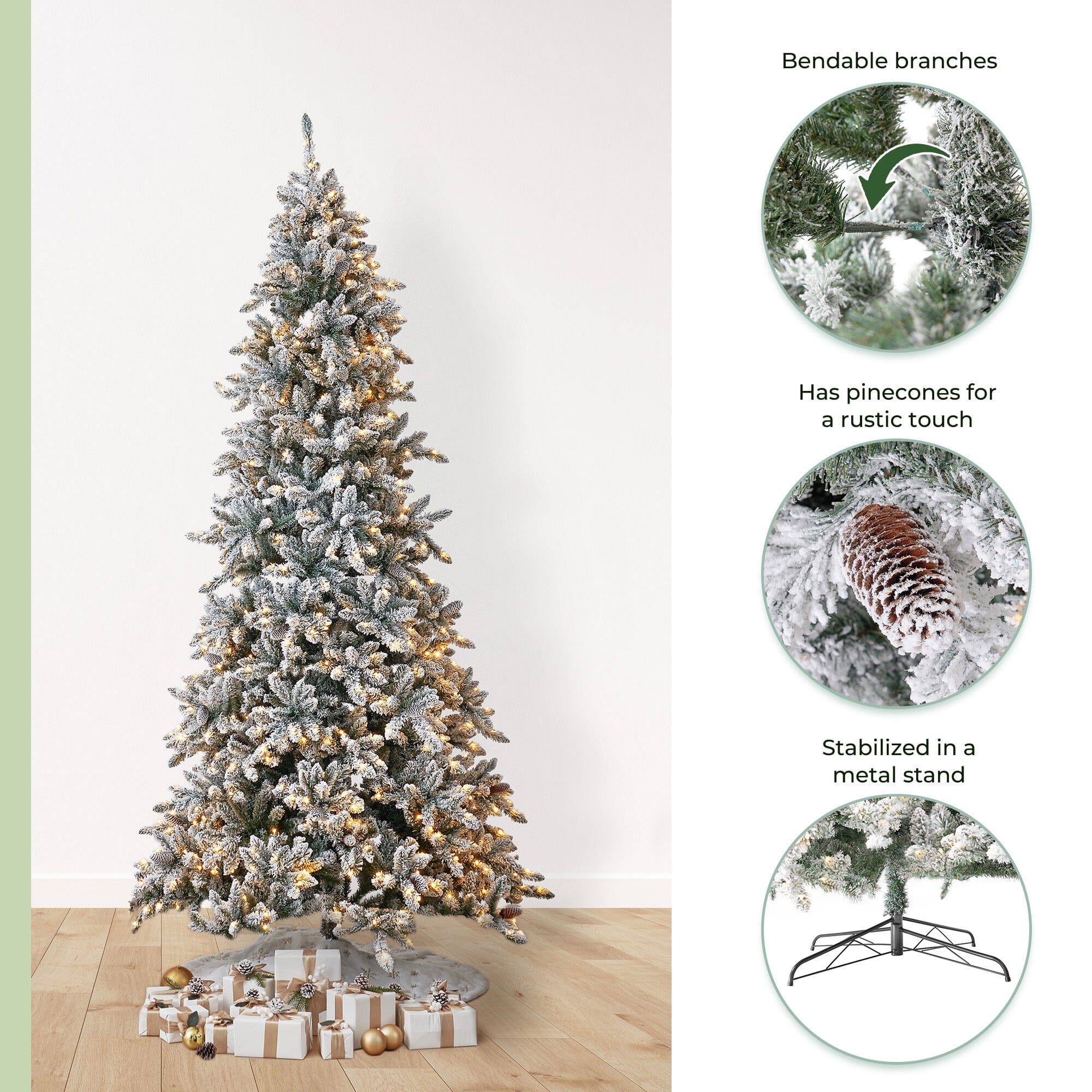 10’ Flocked Livingston Fir Artificial Christmas Tree with Pine Cones, 750 Clear Warm LED Lights and 2424 Bendable Branches - Image 7
