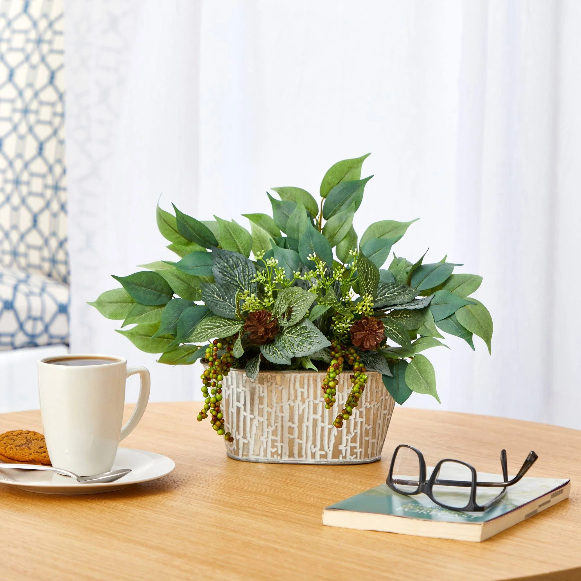 10” Mixed Ficus and Fittonia Artificial Plant in White Tin Planter - Image 3