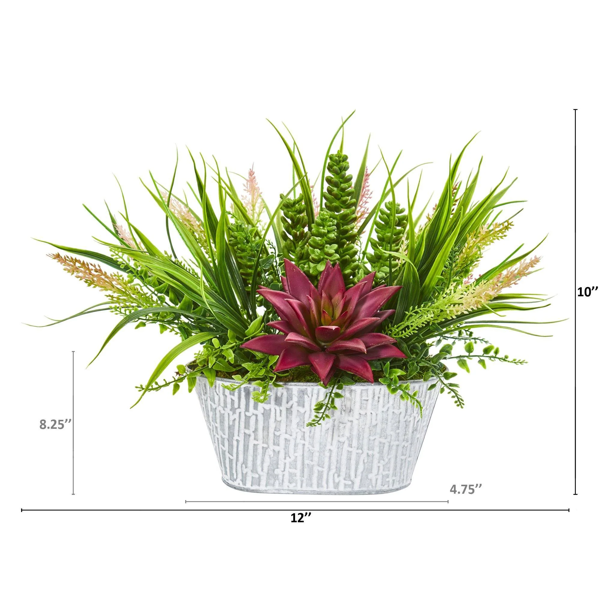 10” Succulent and Grass Artificial Plant in White Tin Planter - Image 2