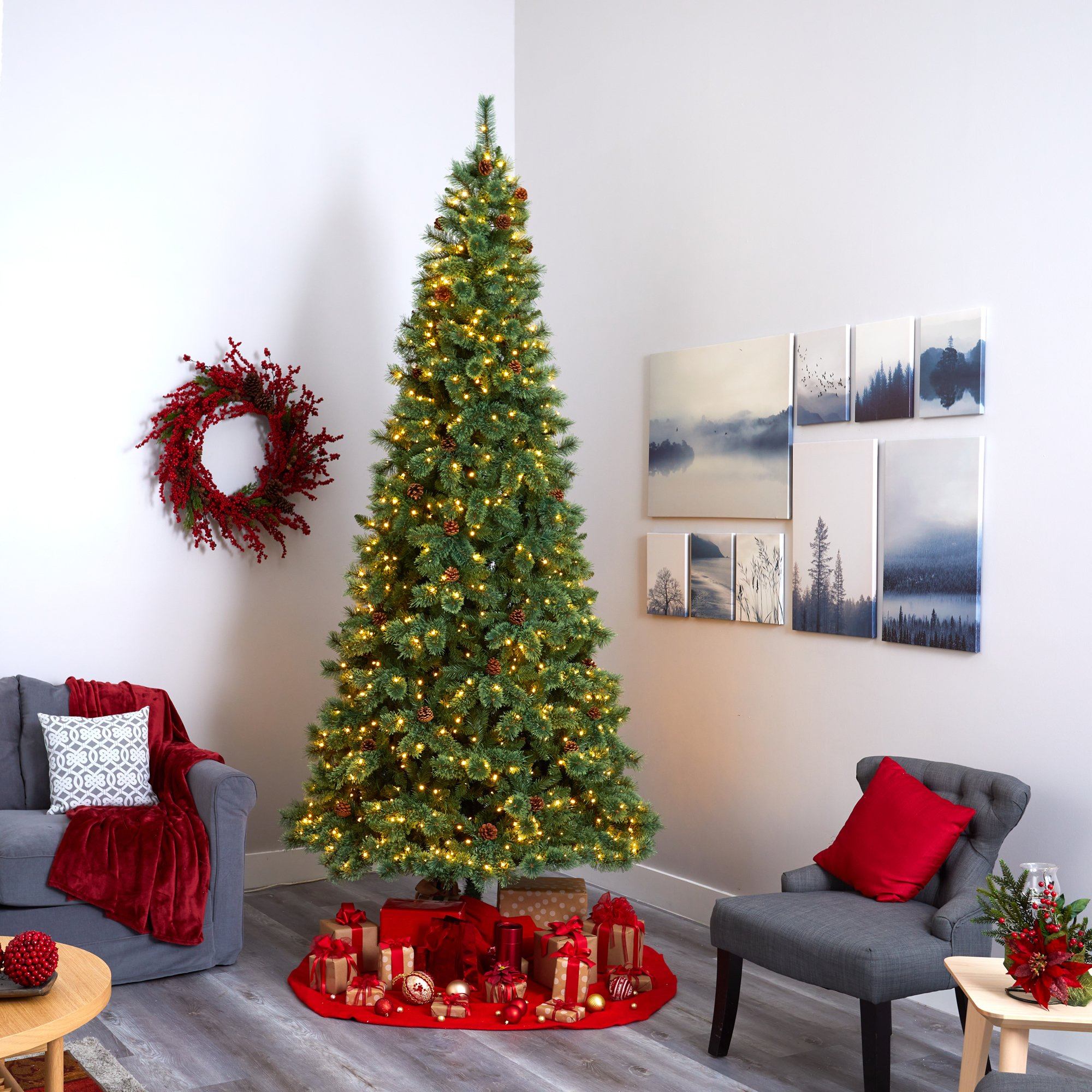 10’ White Mountain Pine Artificial Christmas Tree with 850 Clear LED Lights and Pine Cones - Image 5