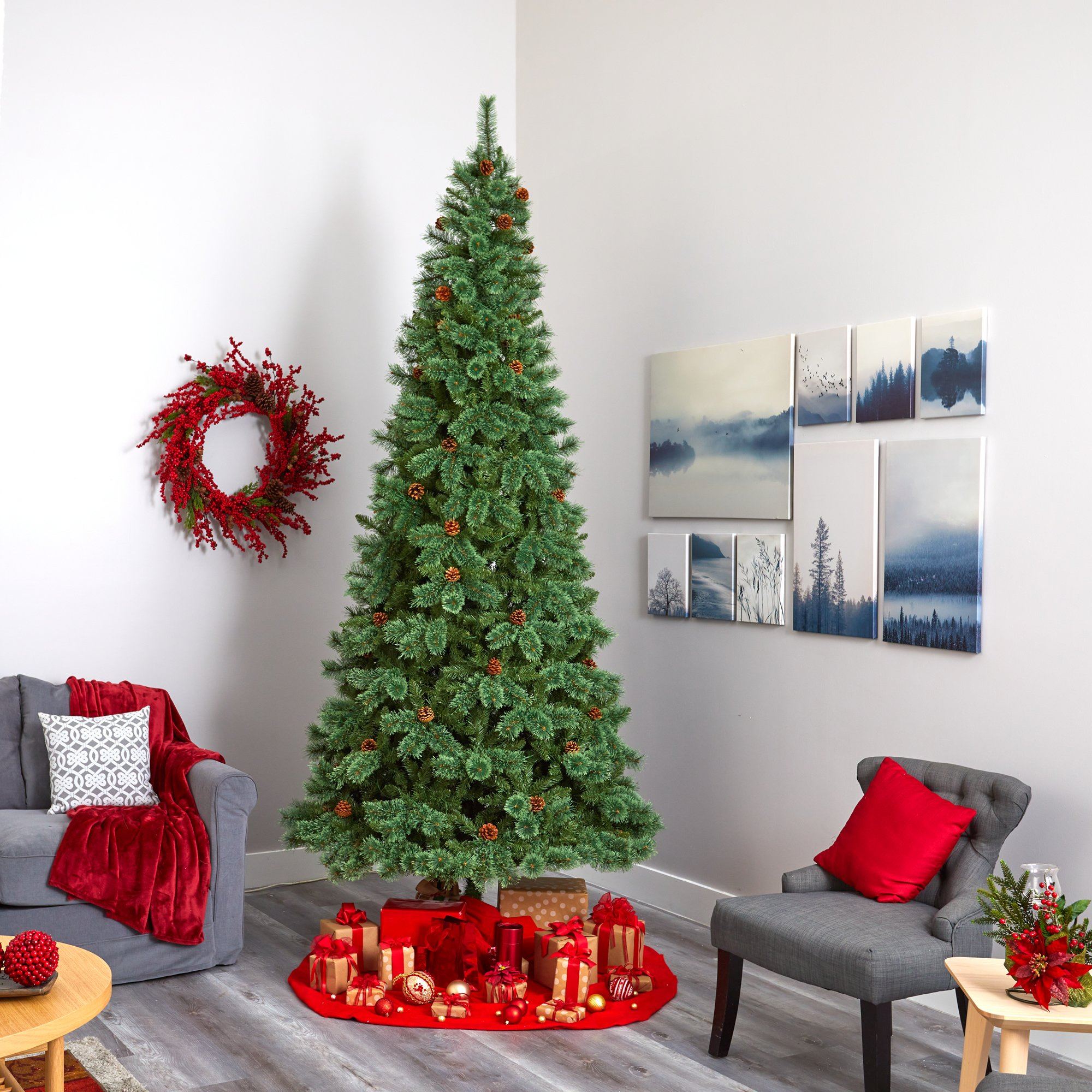 10’ White Mountain Pine Artificial Christmas Tree with 850 Clear LED Lights and Pine Cones - Image 6