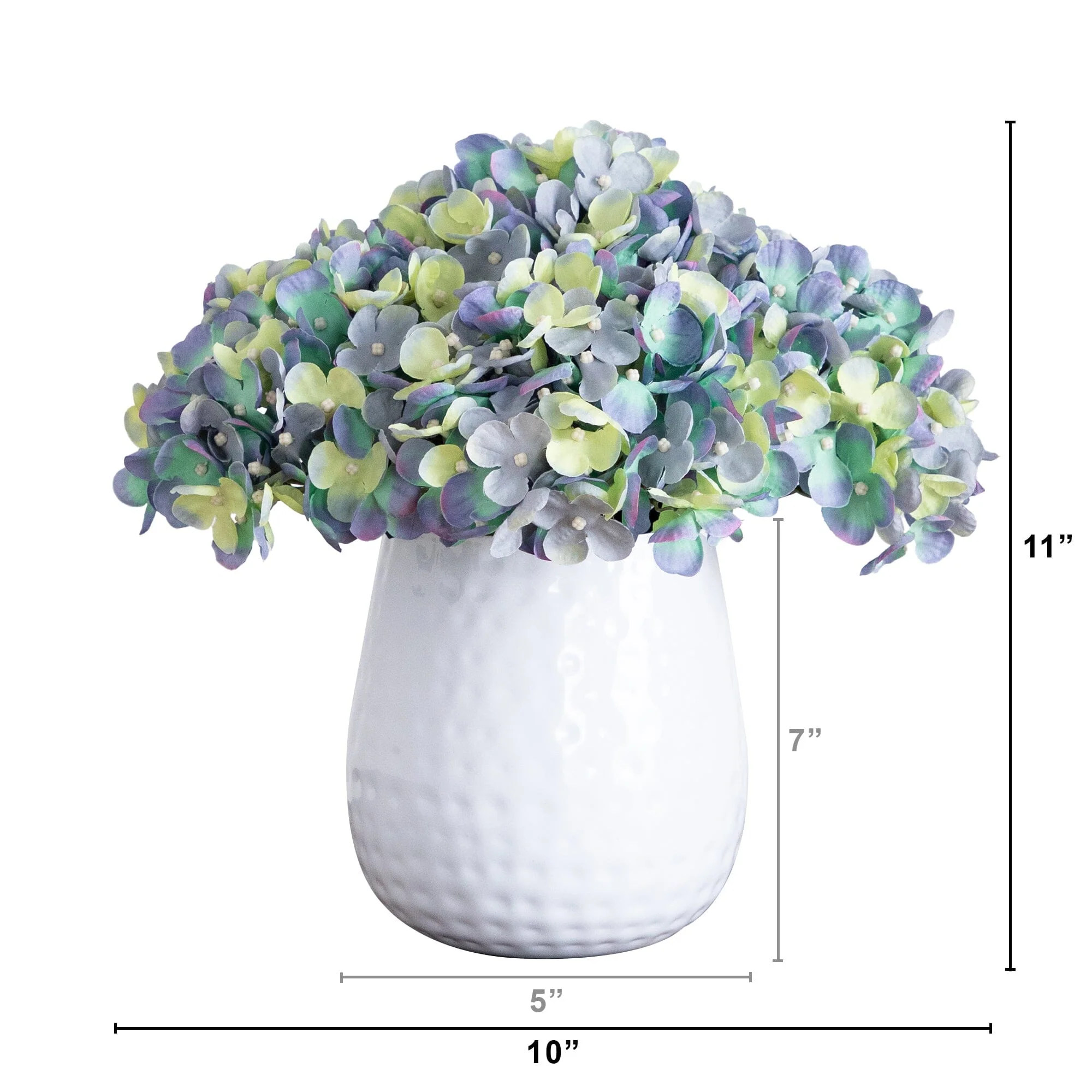 11” Artificial Hydrangea Arrangement in White Metal Vase - Image 3