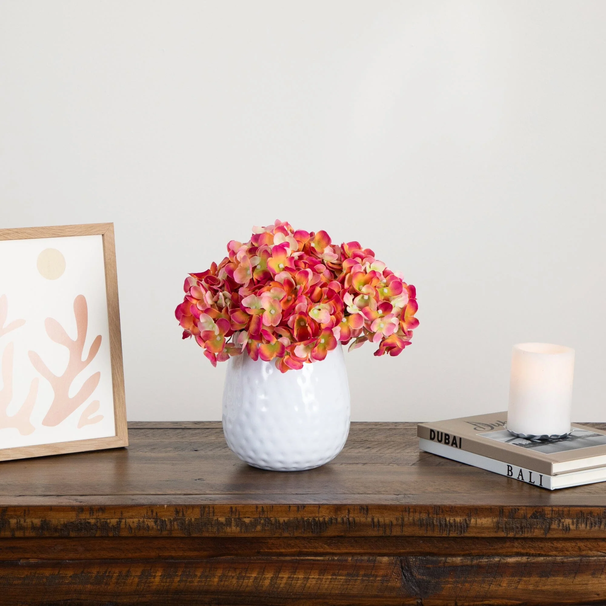 11” Artificial Hydrangea Arrangement in White Metal Vase - Image 8