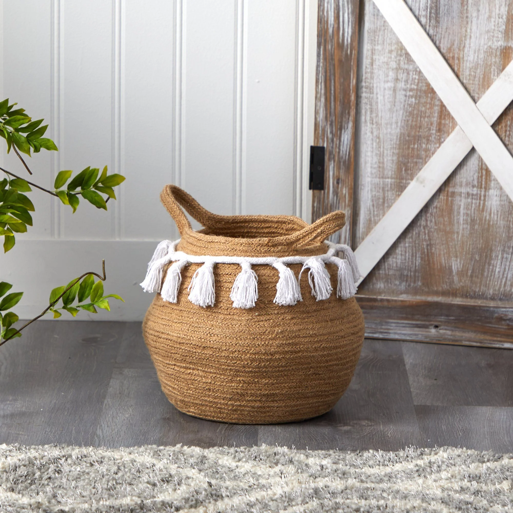11” Boho Chic Handmade Natural Cotton Woven  Planter with Tassels - Image 4