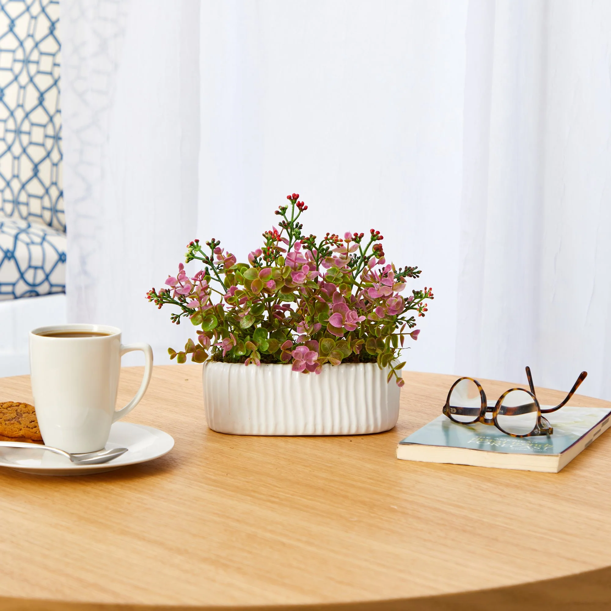 11” Eucalyptus and Sedum Artificial Plant in White Planter - Image 4