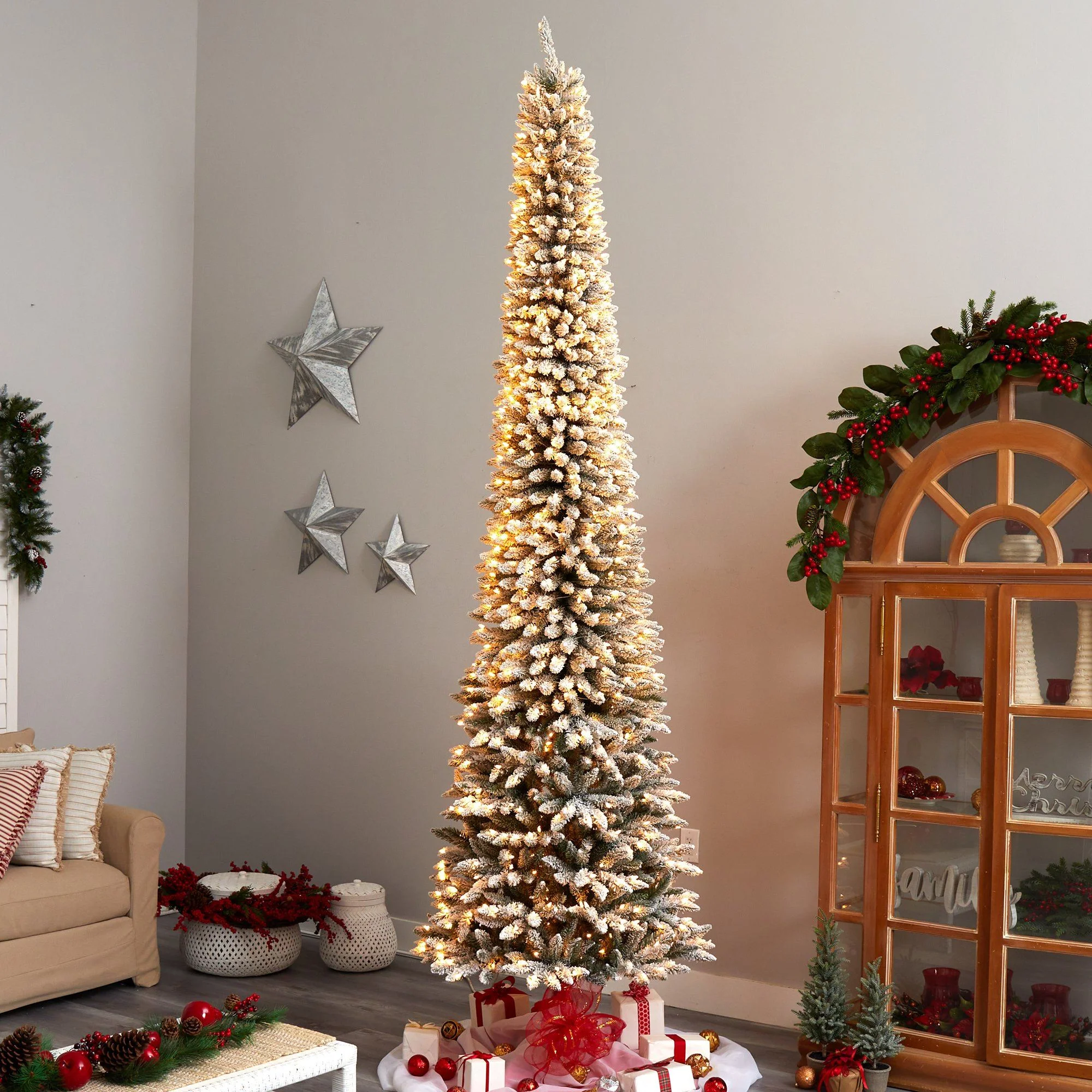11’ Flocked Pencil Artificial Christmas Tree with 850 Clear Lights and 1435 Bendable Branches - Image 7