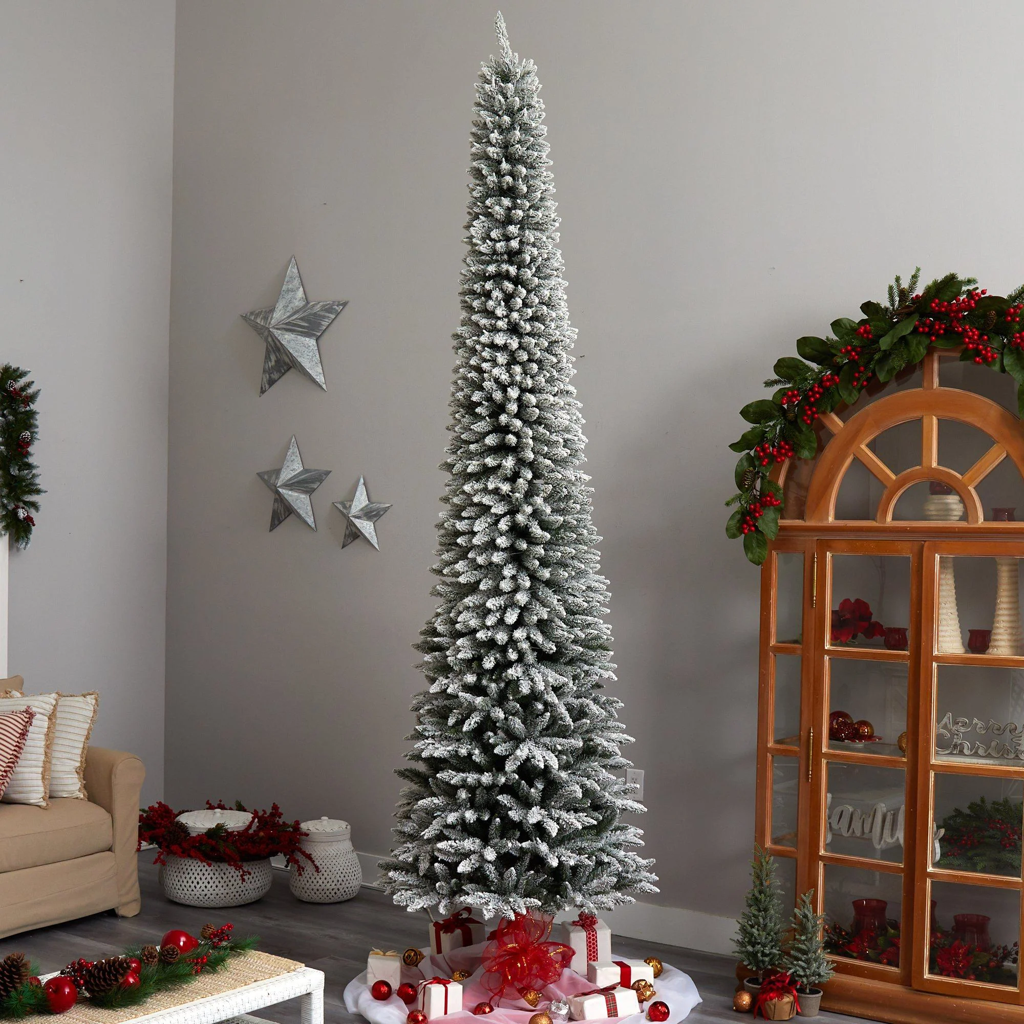 11’ Flocked Pencil Artificial Christmas Tree with 850 Clear Lights and 1435 Bendable Branches - Image 8