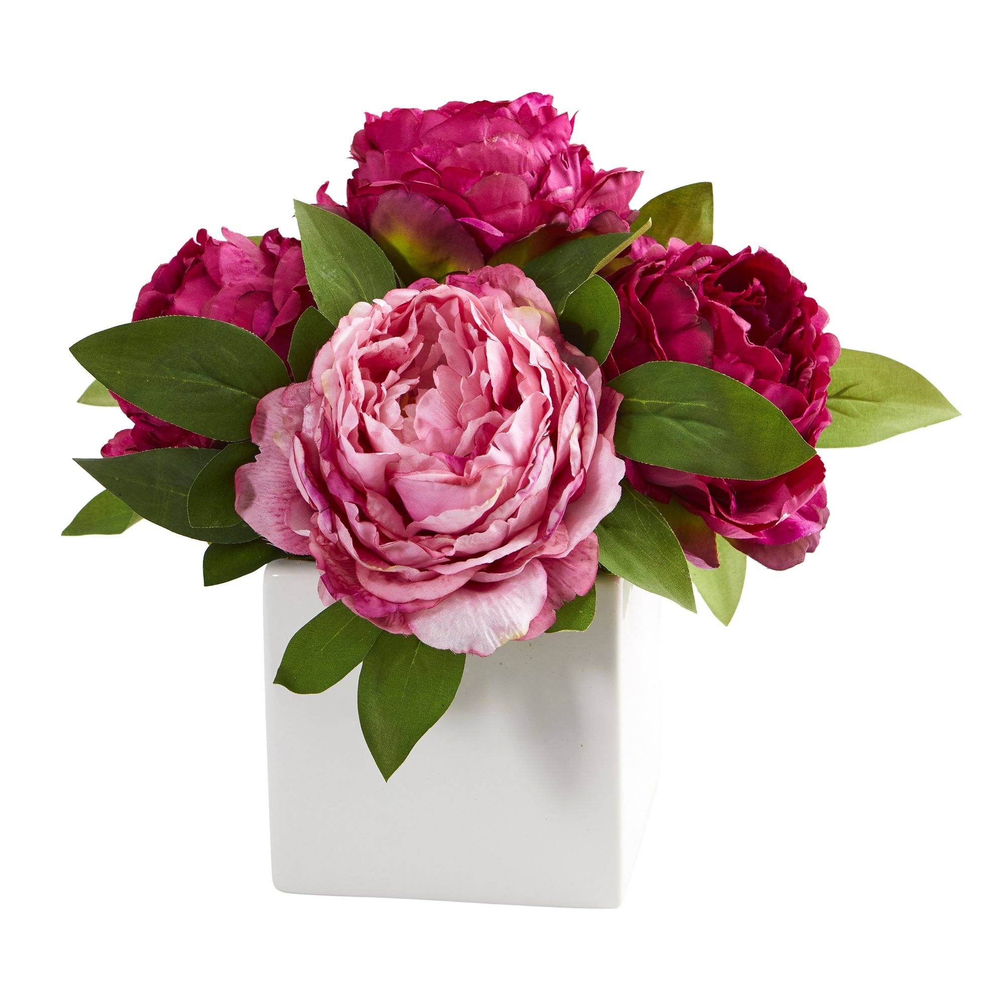 11” Peony Artificial Arrangement in White Vase - Image 2
