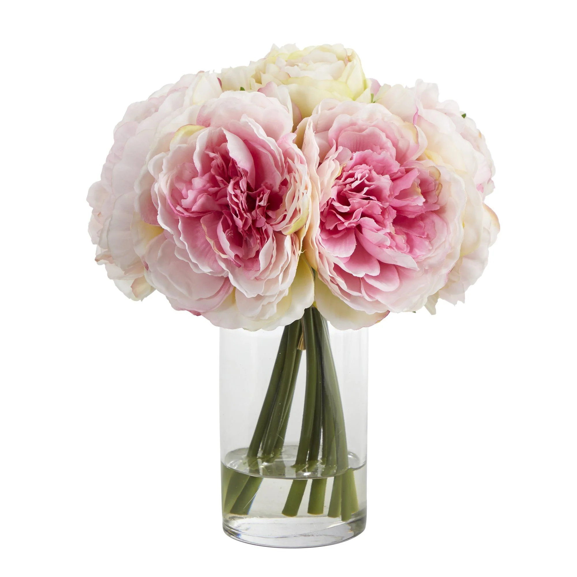 11” Peony Bouquet Artificial Arrangement in Glass Vase - Image 4