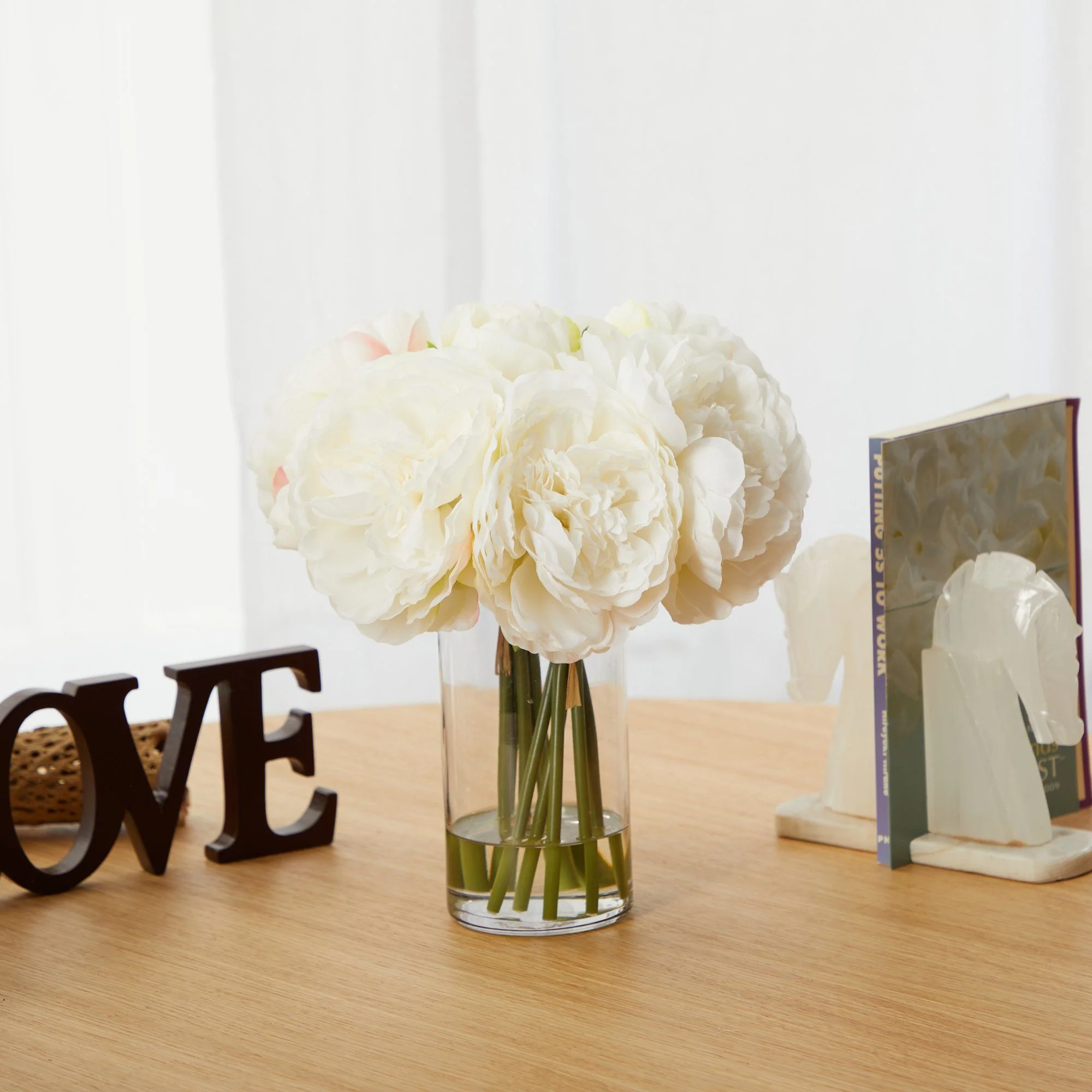 11” Peony Bouquet Artificial Arrangement in Glass Vase - Image 5