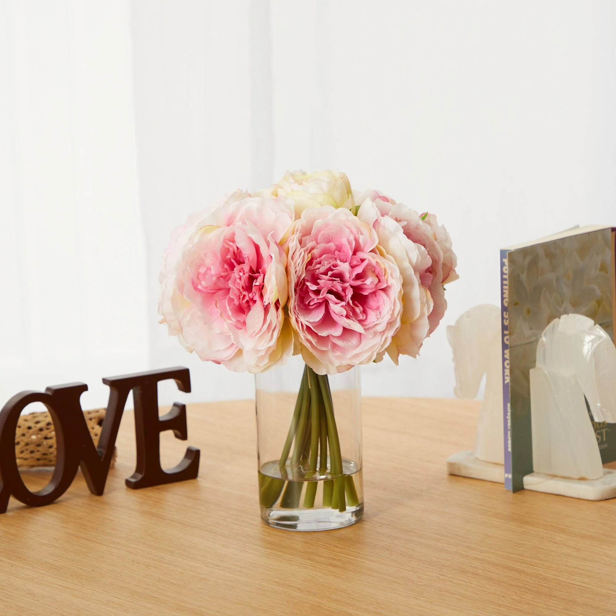 11” Peony Bouquet Artificial Arrangement in Glass Vase - Image 6