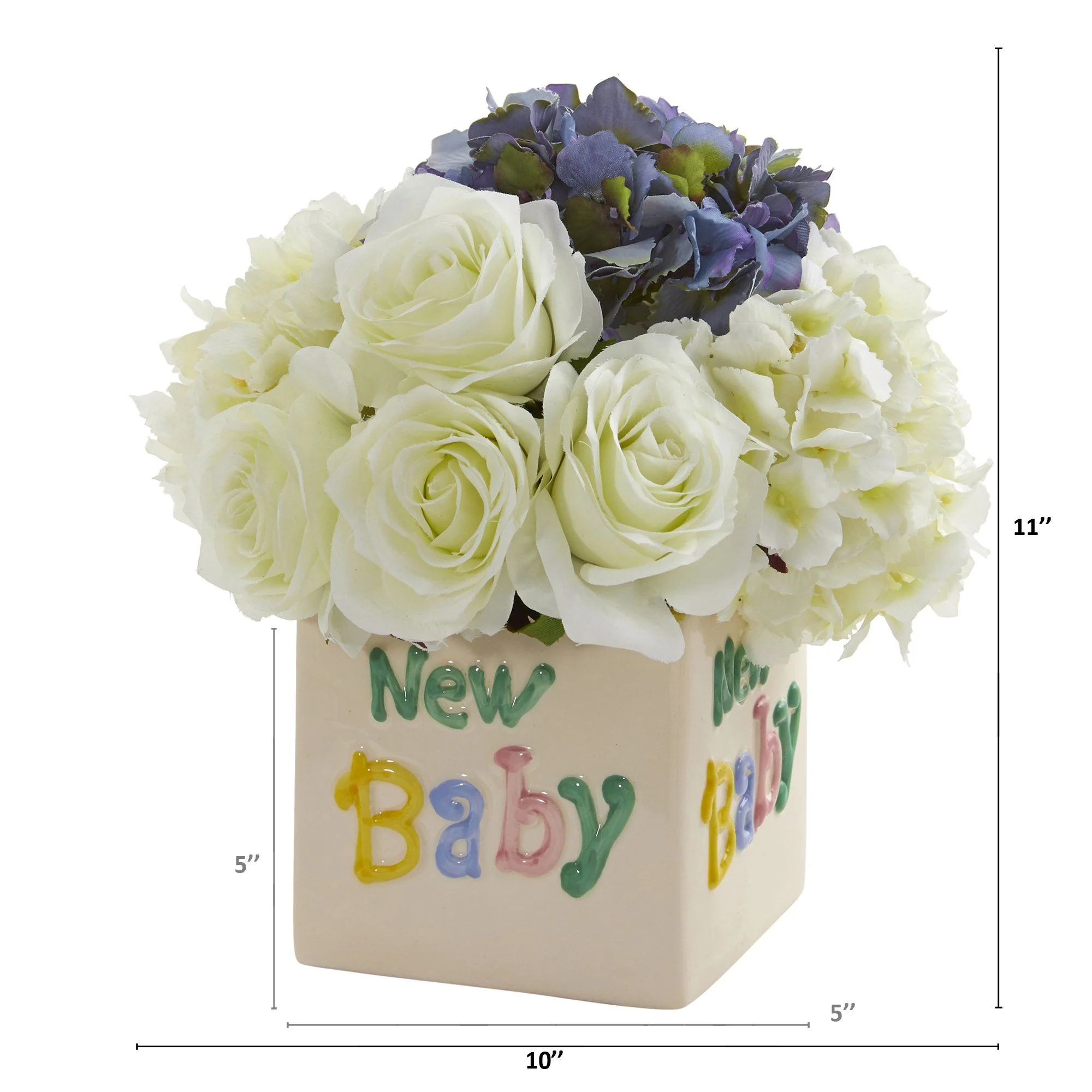 11” Rose and Hydrangea Artificial Arrangement in “New Baby” Vase - Image 2