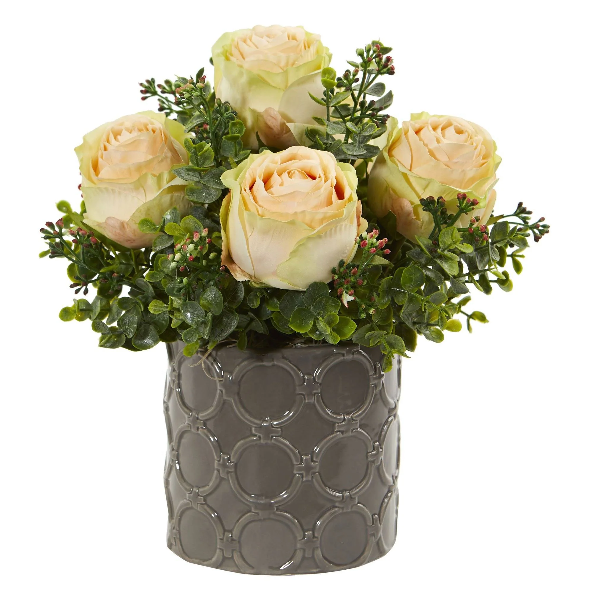 11” Roses and Eucalyptus Artificial Arrangement in Designer Vase - Image 3