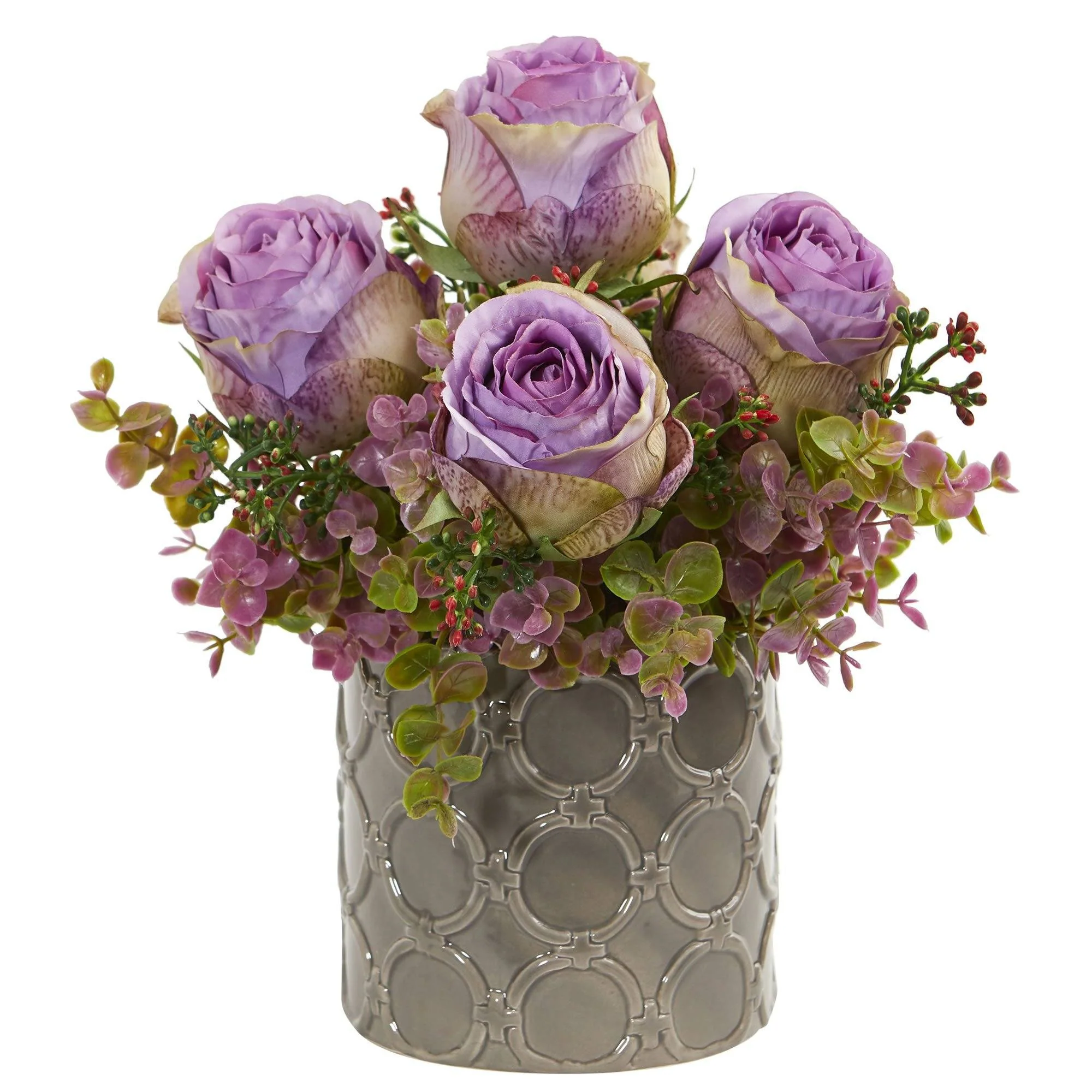 11” Roses and Eucalyptus Artificial Arrangement in Designer Vase - Image 4