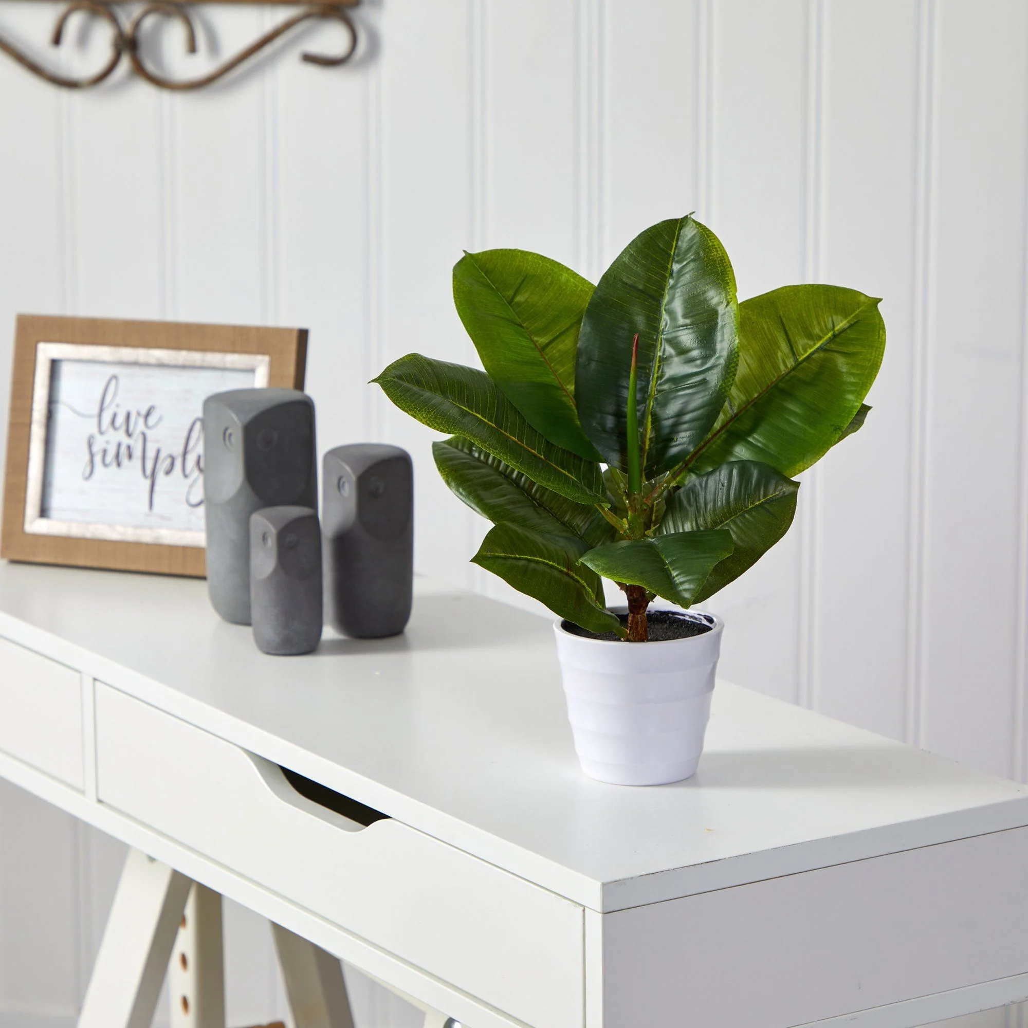 11” Rubber Leaf Artificial Plant in White Planter (Real Touch) - Image 3