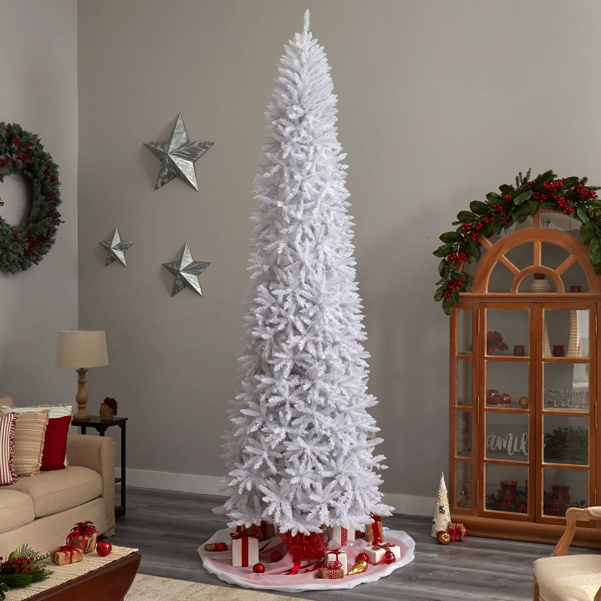 11’ Slim White Artificial Christmas Tree with 950 Warm White LED Lights and 2836 Bendable Branches - Image 8