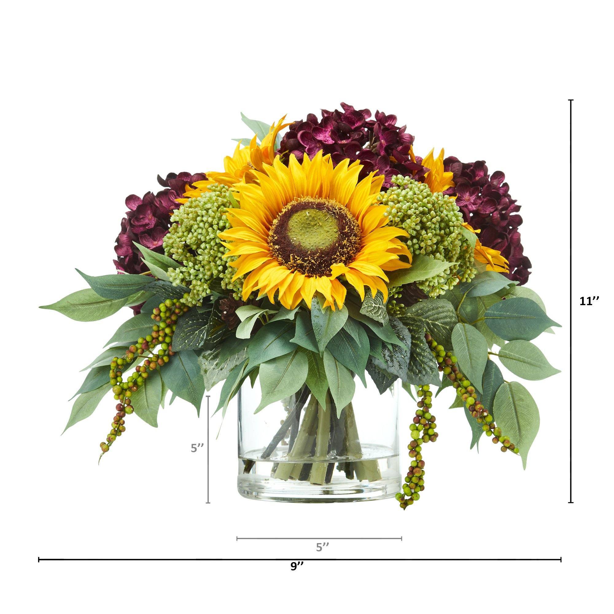 11” Sunflower and Hydrangea Artificial Arrangement - Image 2