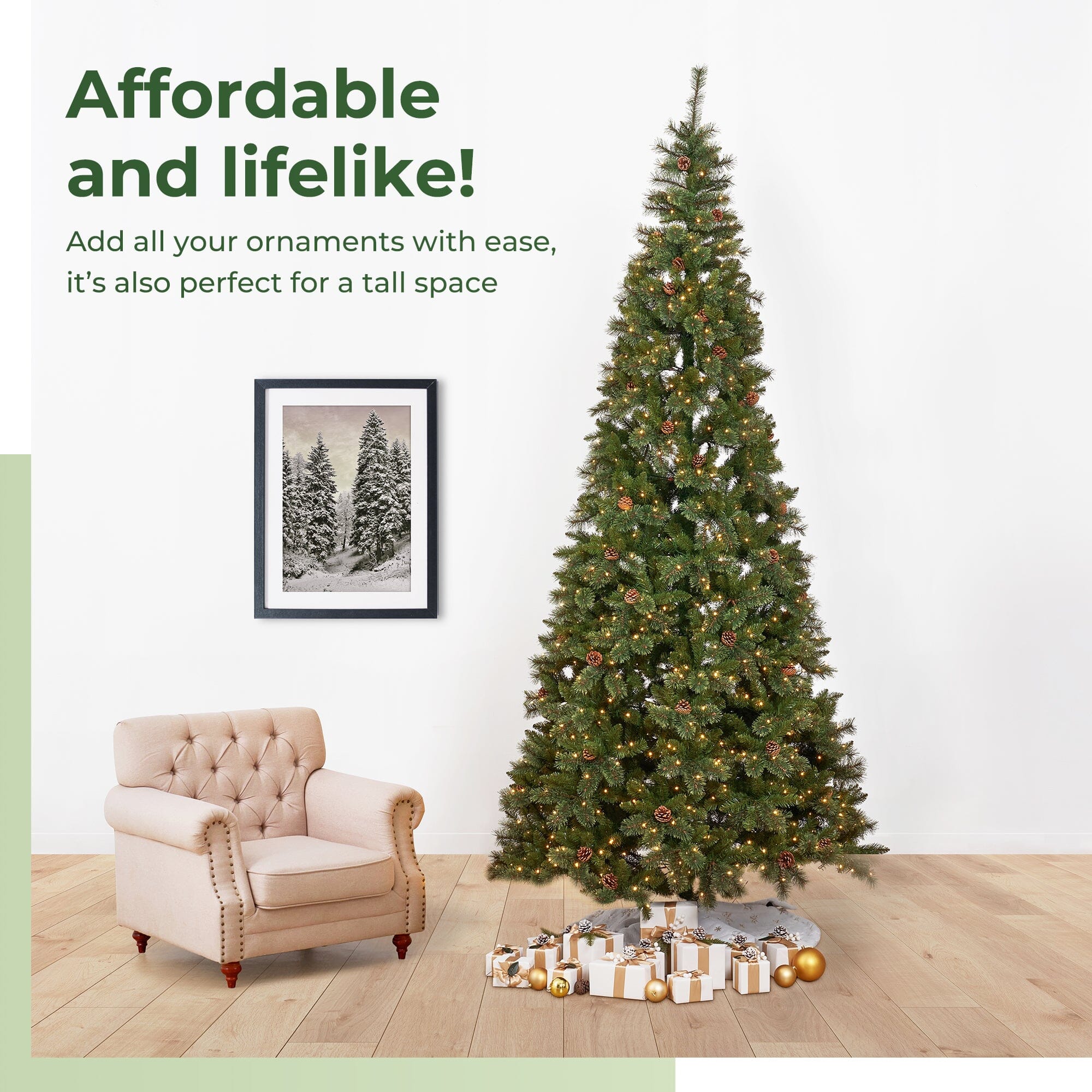 11’ White Mountain Pine Artificial Christmas Tree with 1050 Clear LED Lights, Pine Cones and 2395 Bendable Branches - Image 10