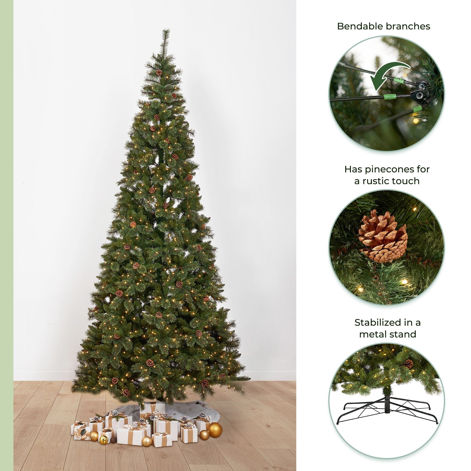11’ White Mountain Pine Artificial Christmas Tree with 1050 Clear LED Lights, Pine Cones and 2395 Bendable Branches - Image 8