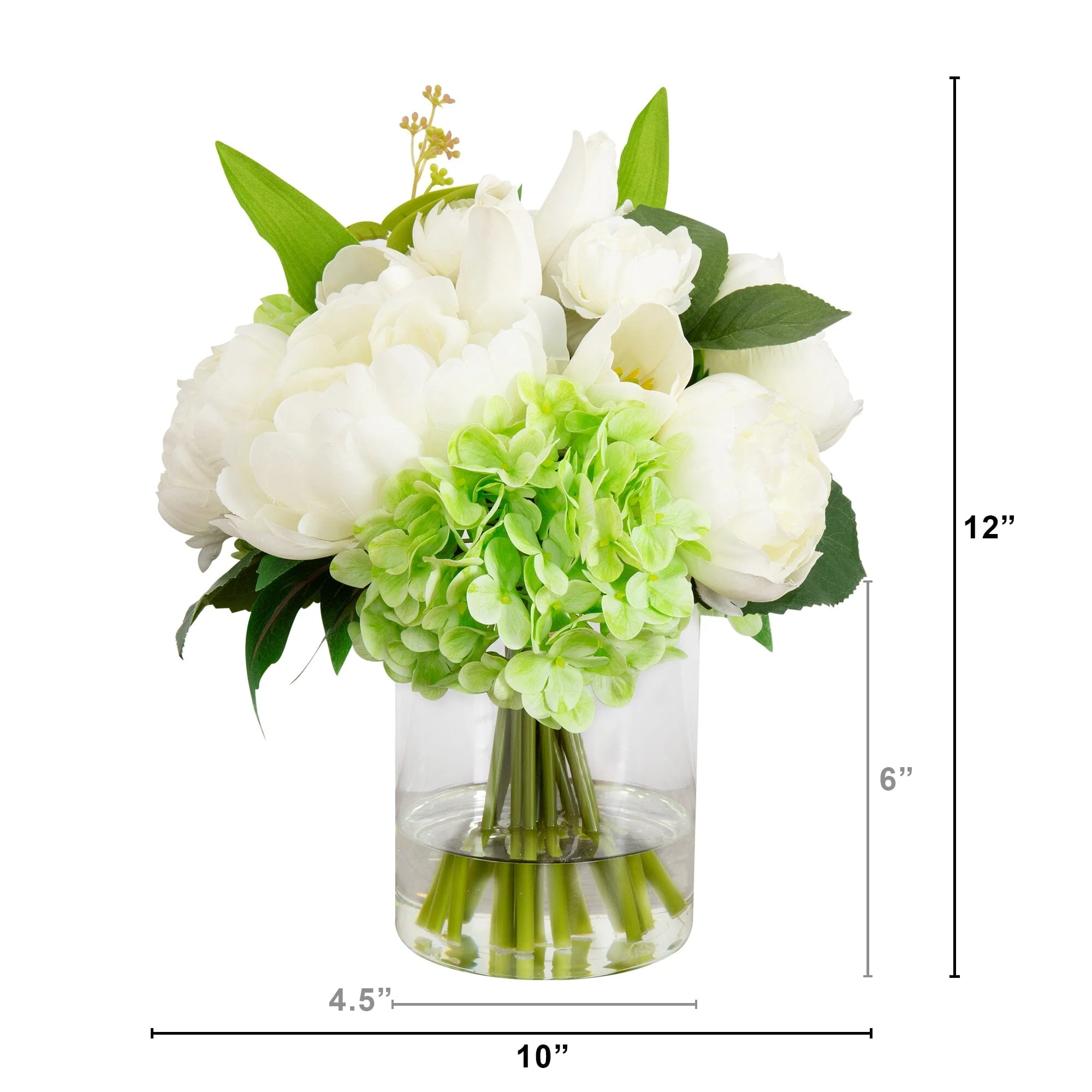 12" Artificial Peony, Hydrangea and Tulip Arrangement in Glass Vase - Image 6