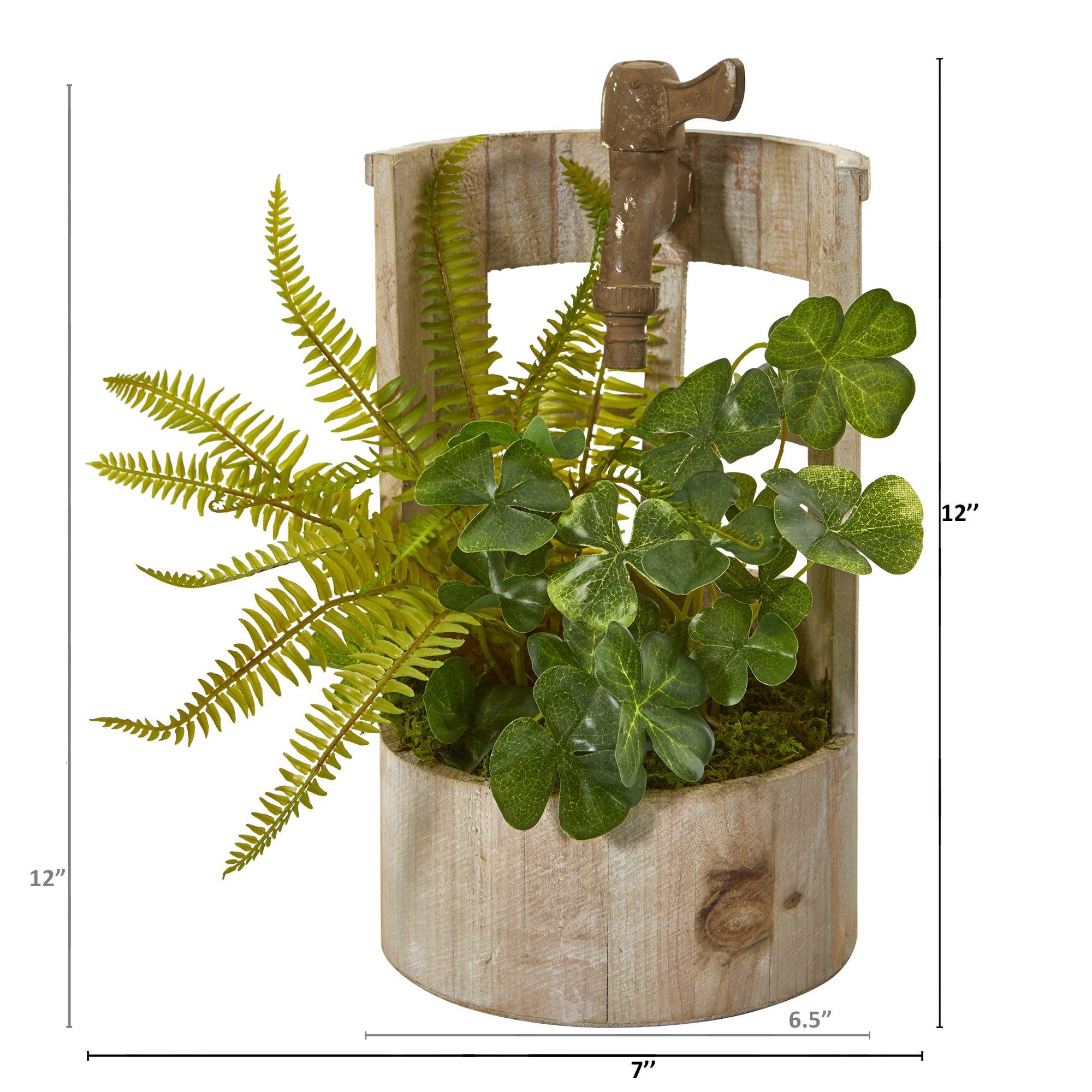12” Clover and Fern Artificial Plant in Faucet Planter - Image 2