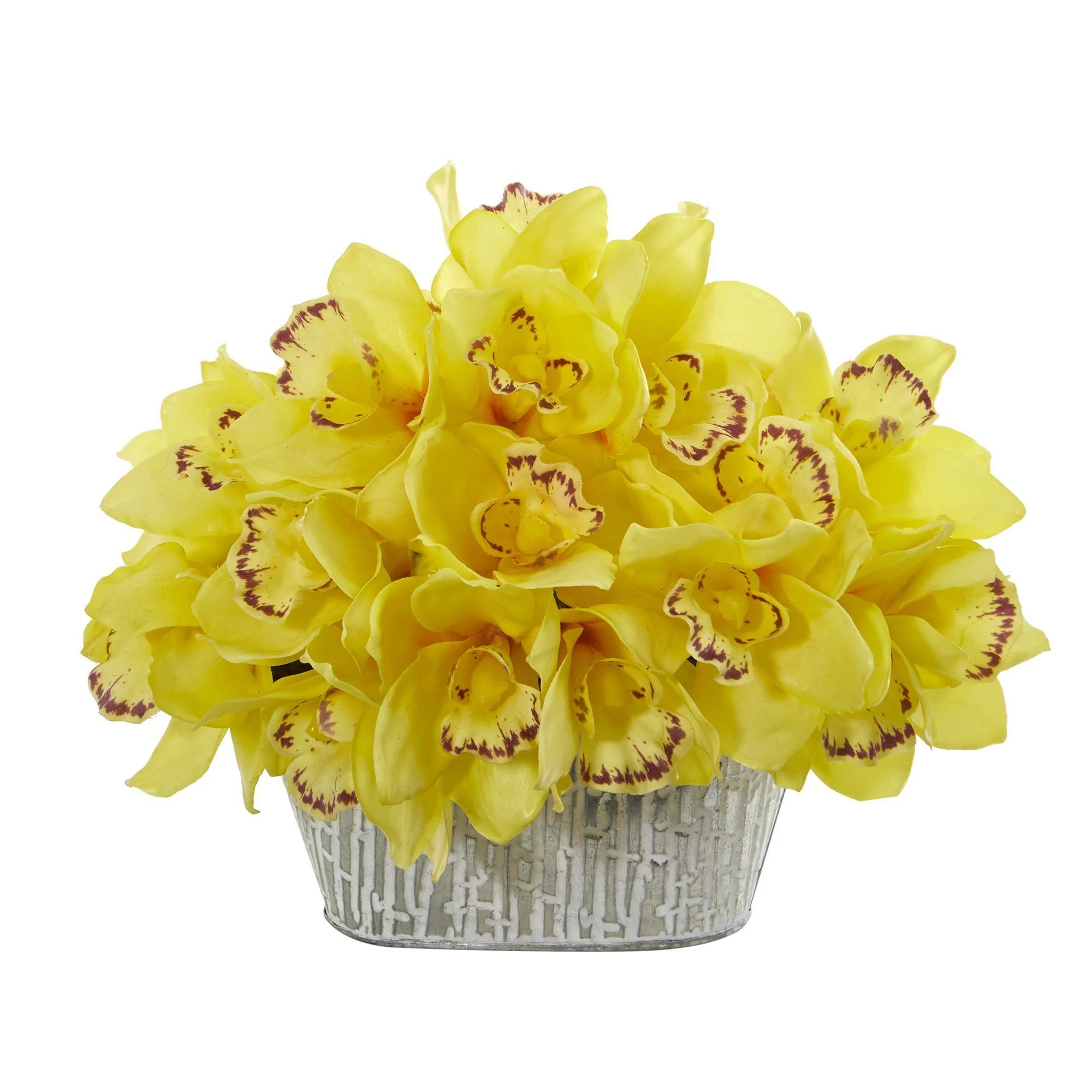 12” Cymbidium Orchid Arrangement in Tin White Vase - Image 4