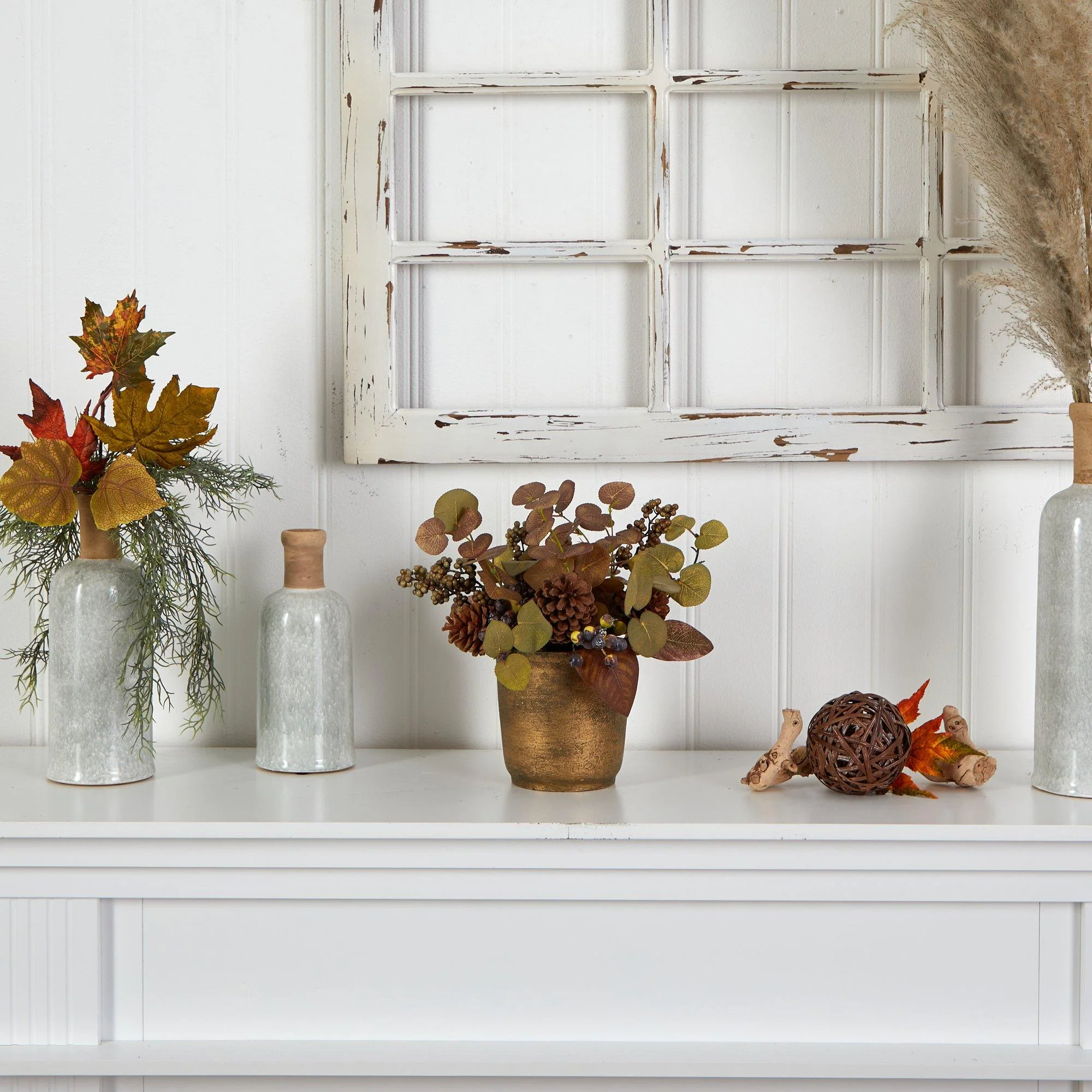 12” Fall Eucalyptus, Pinecones and Berries Artificial Autumn Arrangement in Decorative Vase - Image 4