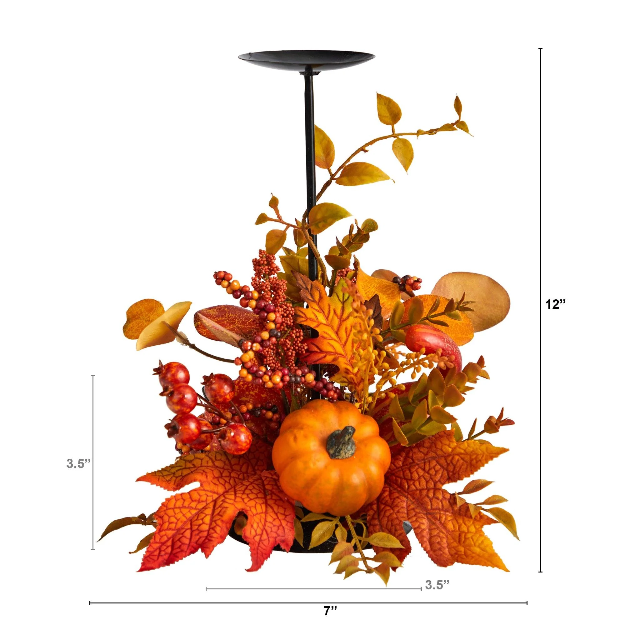 12” Fall Maple Leaves, Berries and Pumpkin Autumn Harvest Candle Holder - Image 2