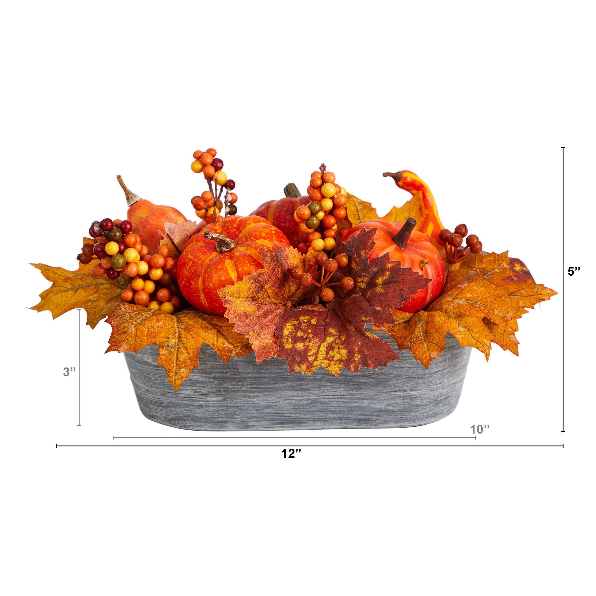 12” Fall Pumpkin and Berries Autumn Harvest Artificial Arrangement in Washed Vase - Image 2