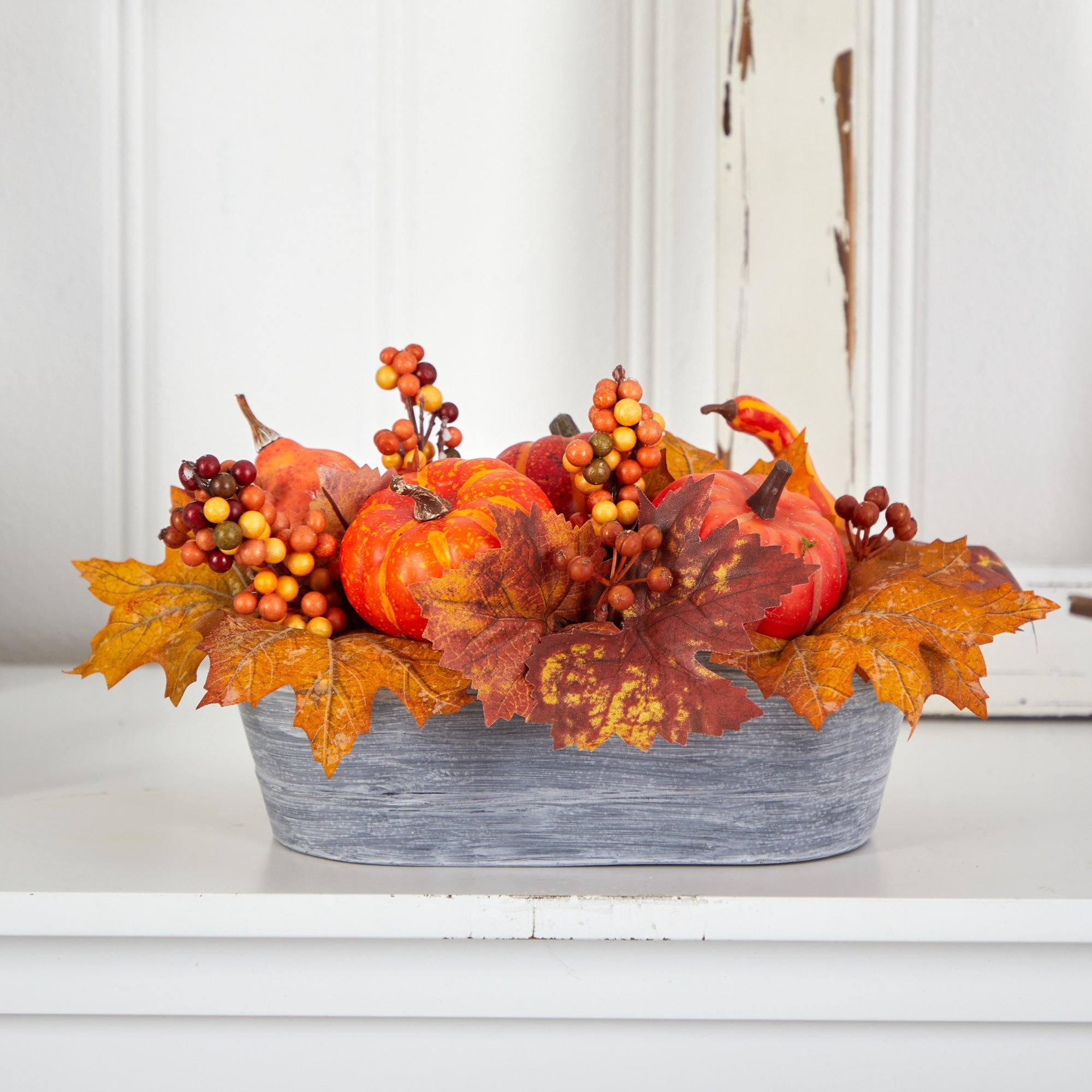 12” Fall Pumpkin and Berries Autumn Harvest Artificial Arrangement in Washed Vase - Image 4