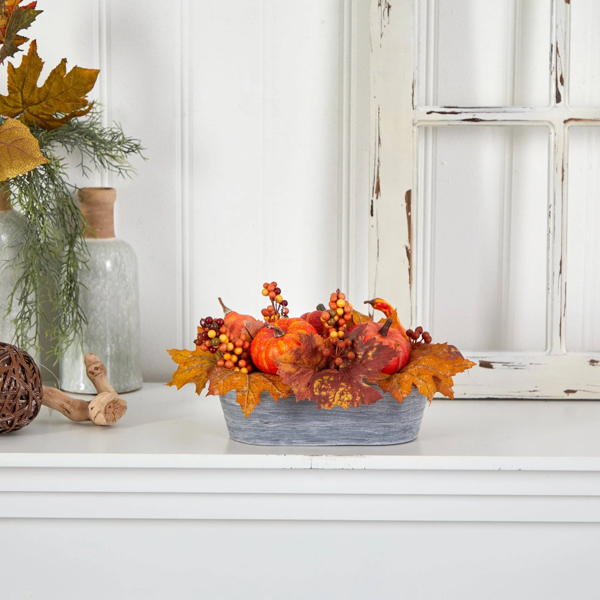 12” Fall Pumpkin and Berries Autumn Harvest Artificial Arrangement in Washed Vase - Image 5