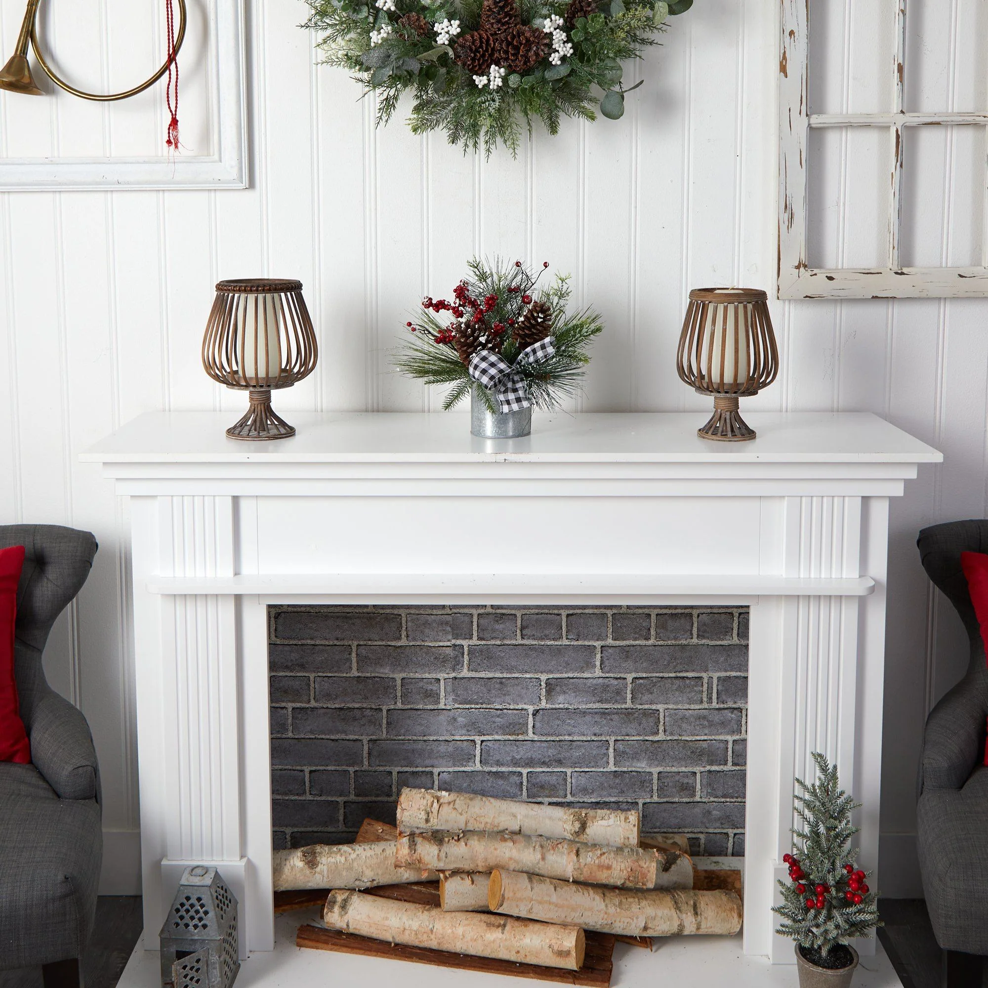 12” Frosted Pinecones and Berries Artificial Arrangement in Vase with Decorative Plaid Bow - Image 4