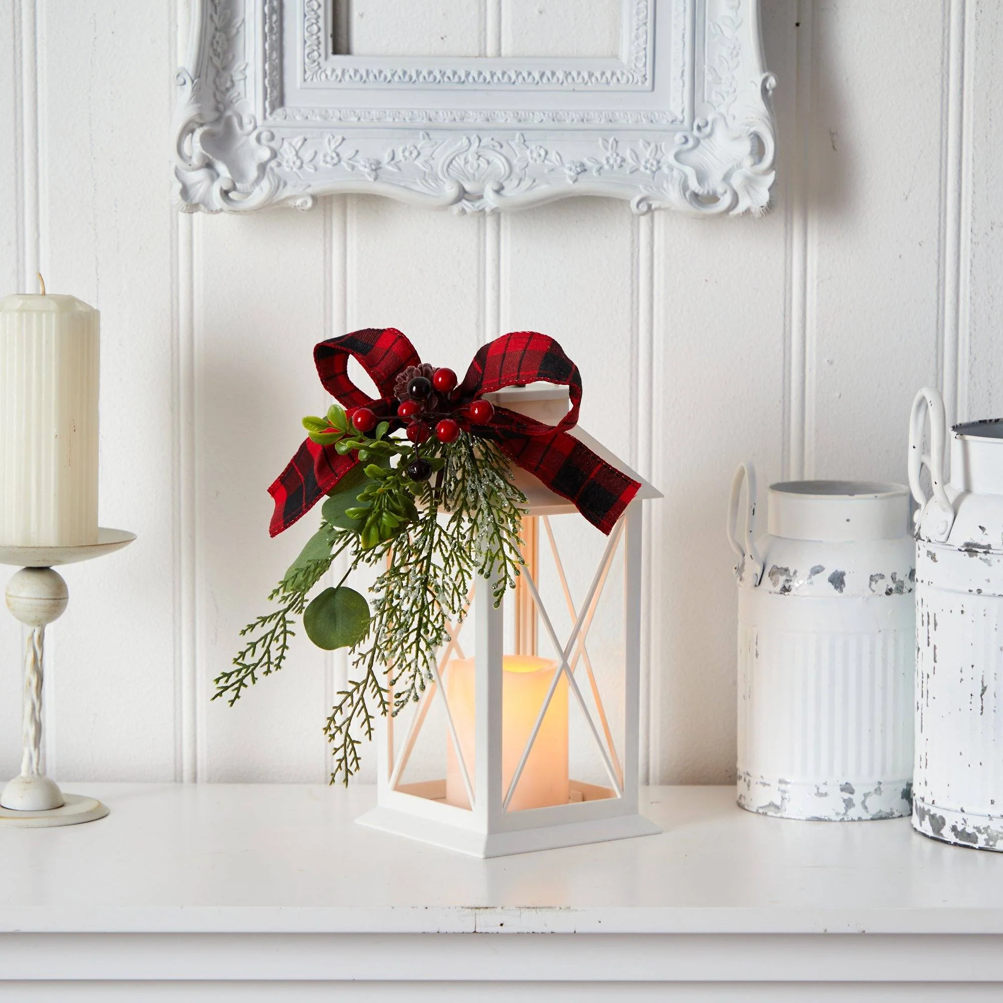 12" Holiday White Lantern With Berries, Pine and Plaid Bow Christmas Table Arrangement" - Image 3