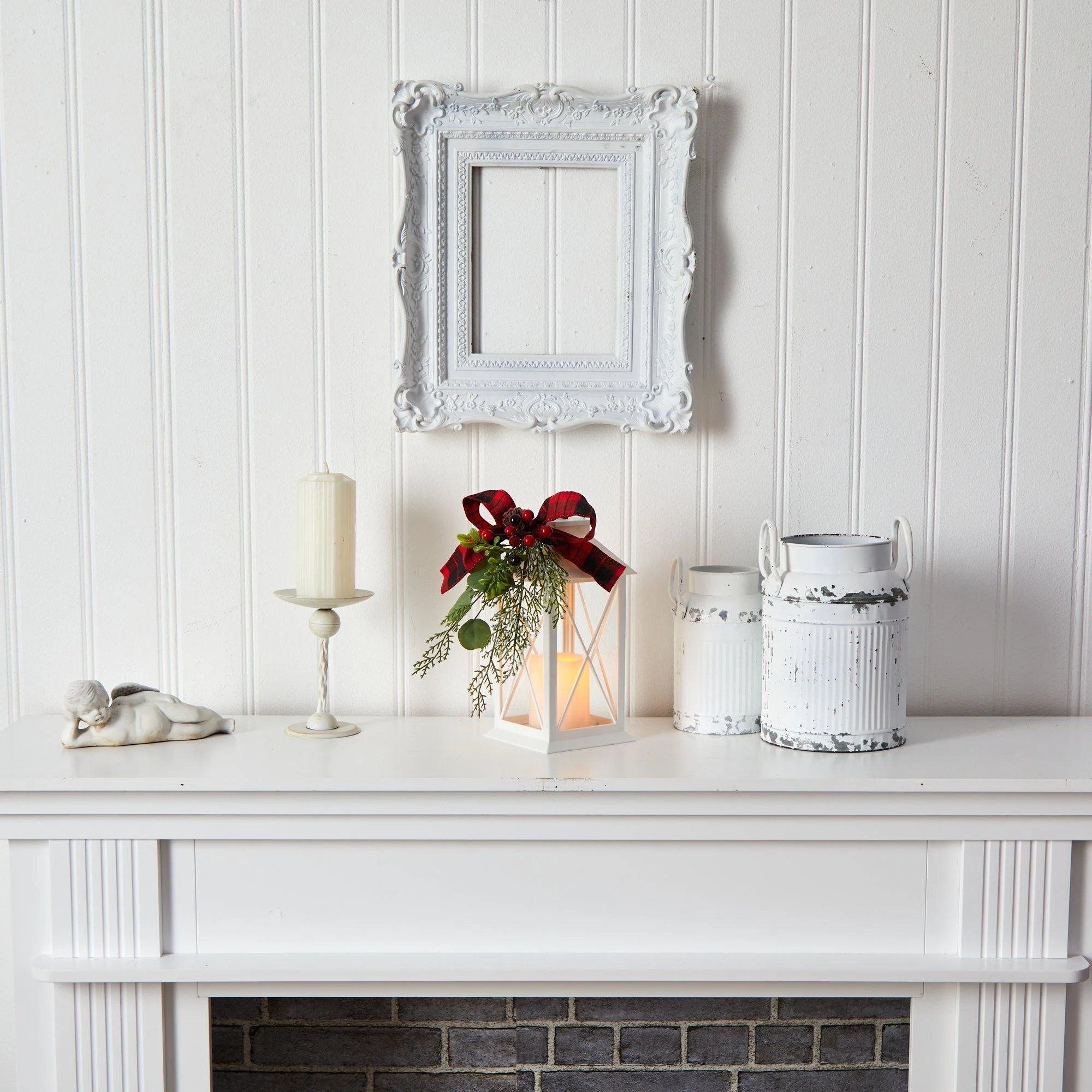 12" Holiday White Lantern With Berries, Pine and Plaid Bow Christmas Table Arrangement" - Image 4