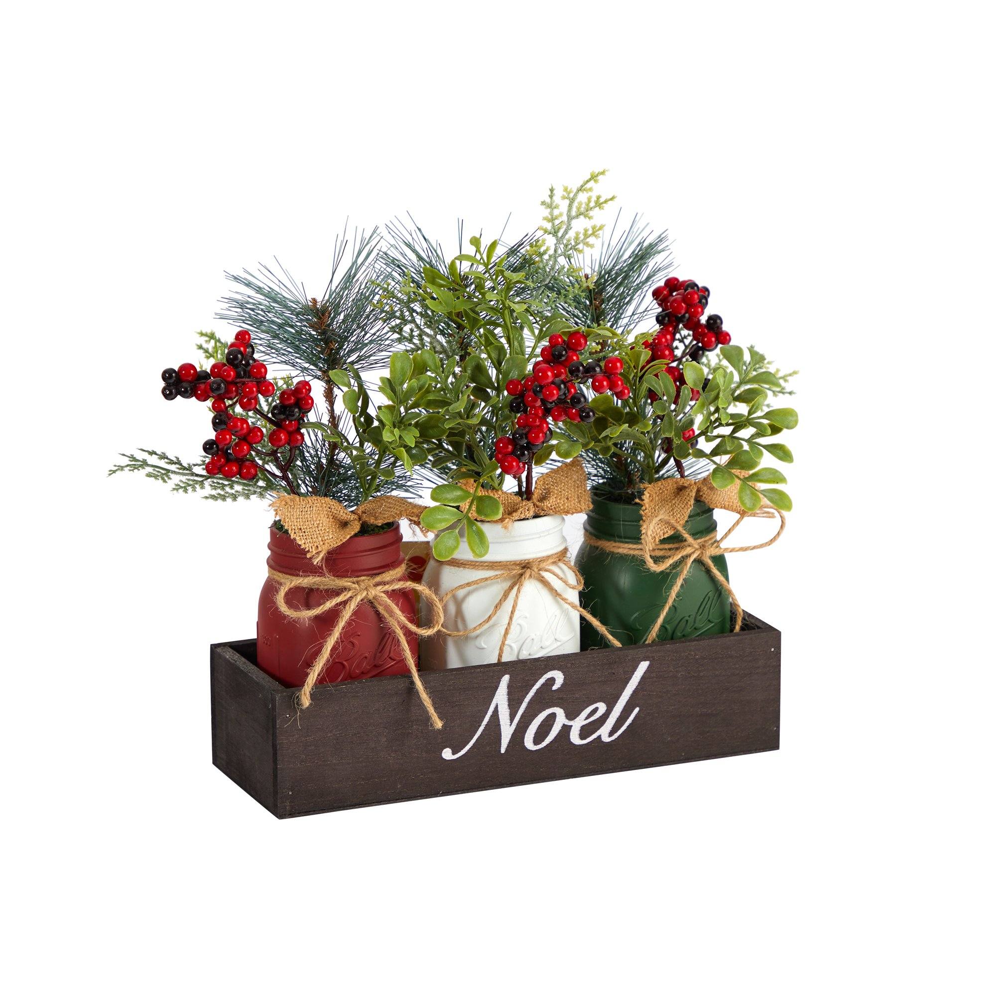 12” Holiday Winter Pine and Berries Three Piece Mason Jar “Noel” Table Christmas Arrangement Décor - Image 3